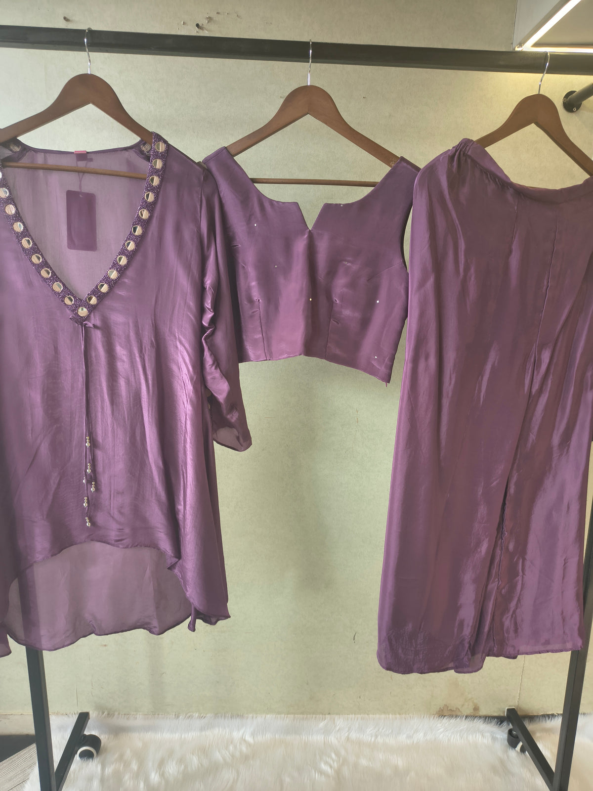 Royal Plum Embellished High-Low Tunic with Sleeveless Blouse & Wide-Leg Pants – 3 Piece Designer Indo-Western Set
