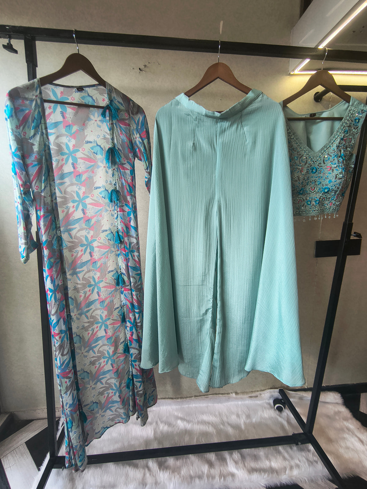 Powder Blue Mirror Embroidered Blouse with Drape Palazzo & Printed Tassel Dupatta – Designer 3 Piece Indo-Western Set