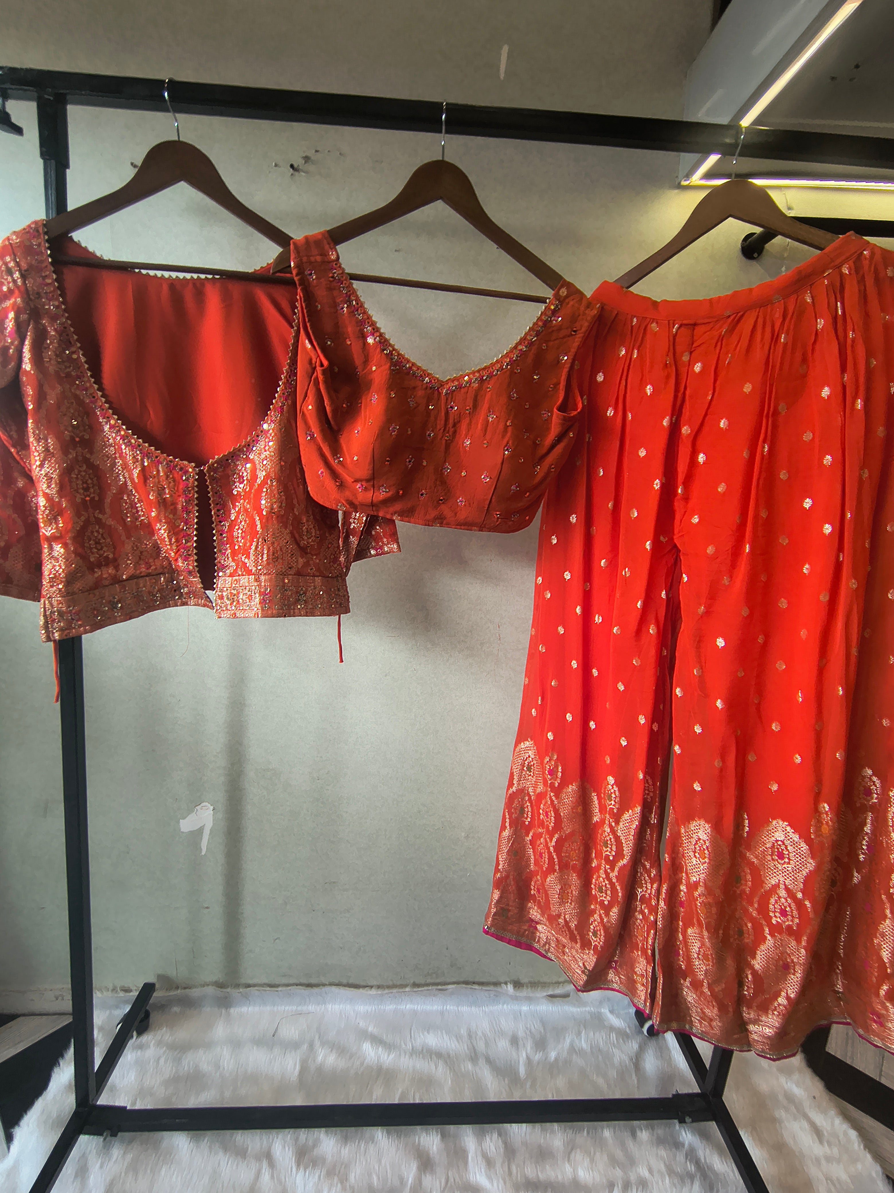 Image of Rust Orange Banarasi Embroidered Lehenga Set with Handworked Blouse & Embellished Blouse – Designer 3 Piece Festive Ensemble
