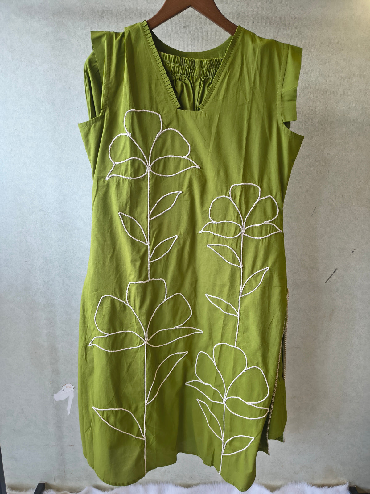 Olive Green Cotton Co-Ord Set with Abstract Floral Cord Embroidery