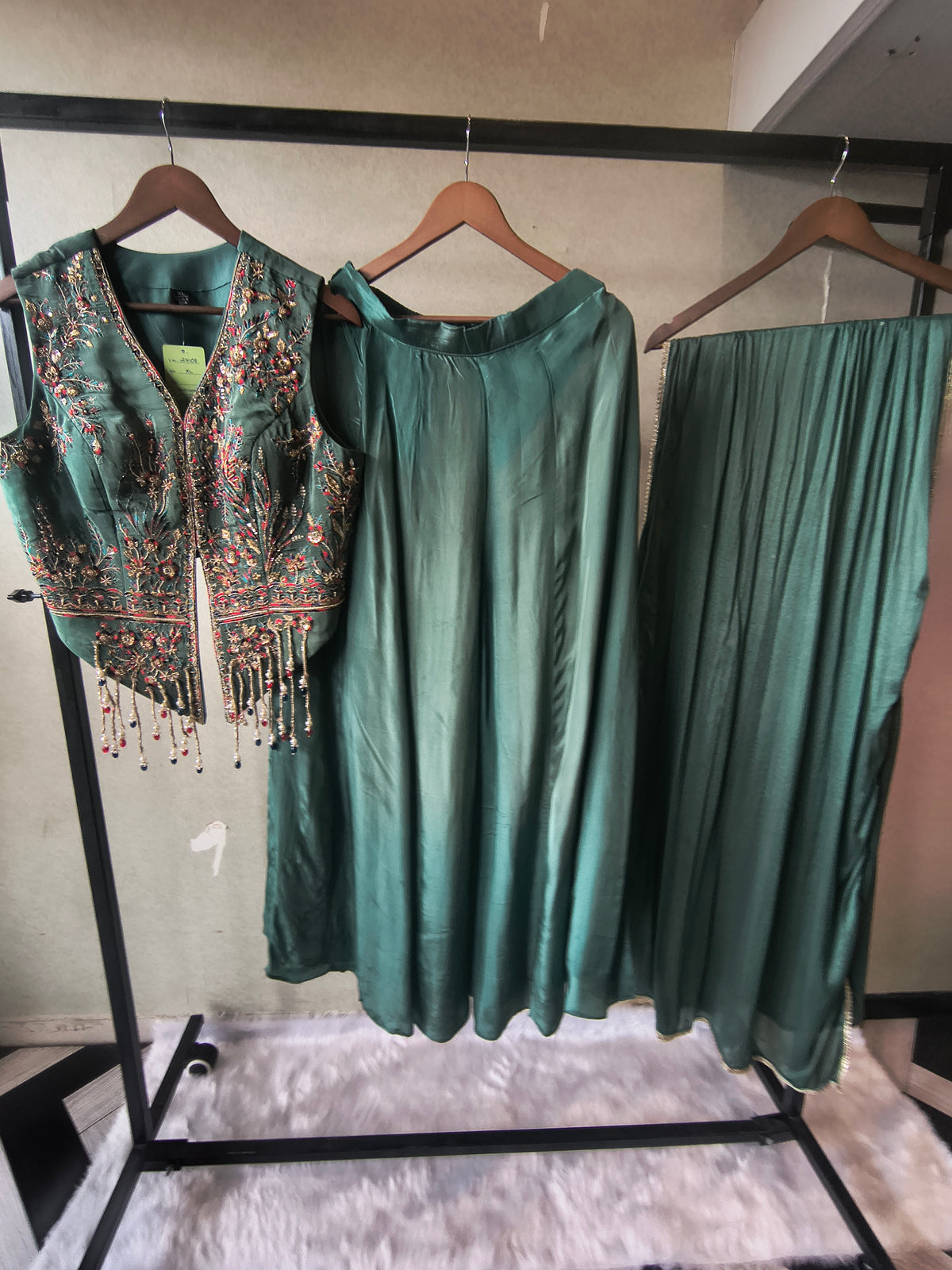 Premium Emerald Green Satin Silk 3-Piece Lehenga Set with Hand Embroidered Crop Jacket & Dupatta
