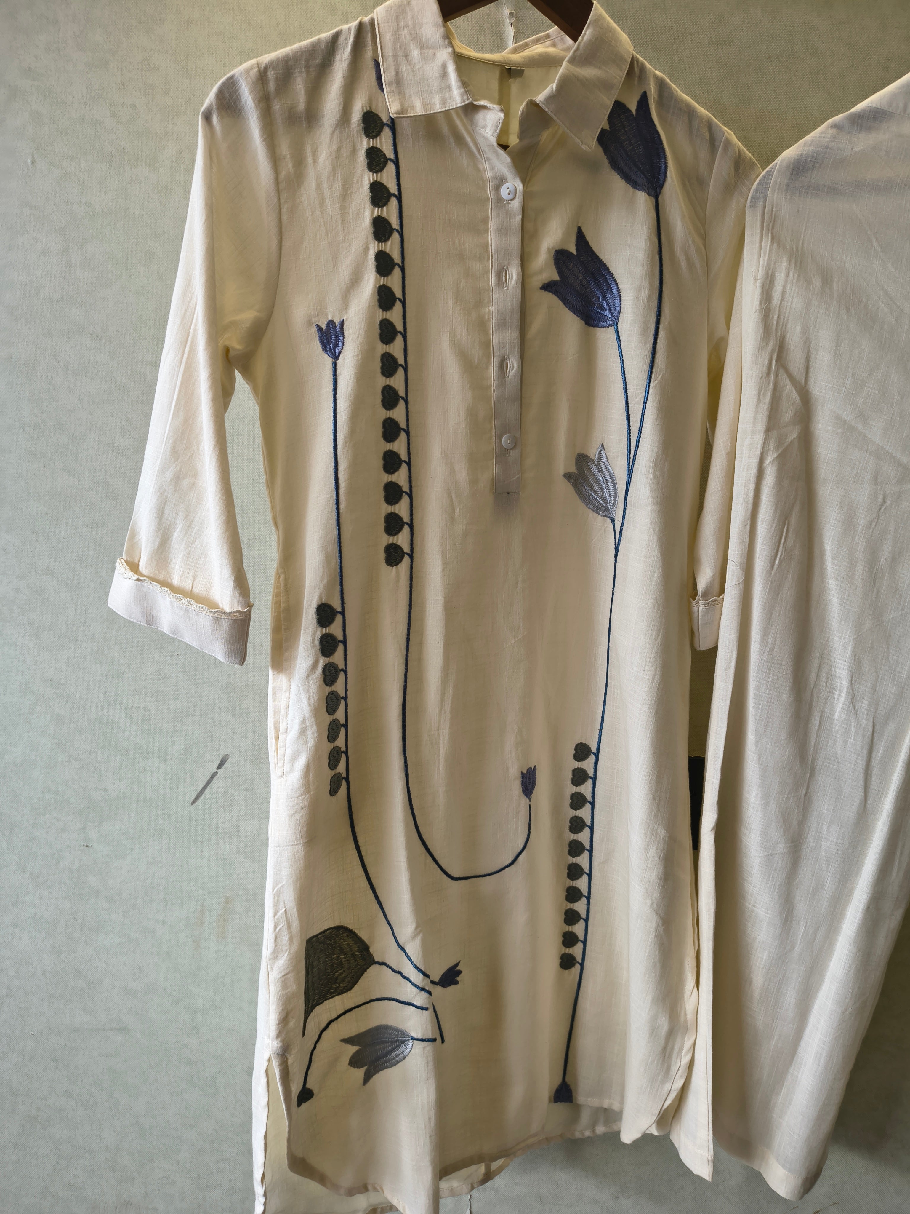 Image of Ivory Botanical Embroidered Cotton Co-Ord Set