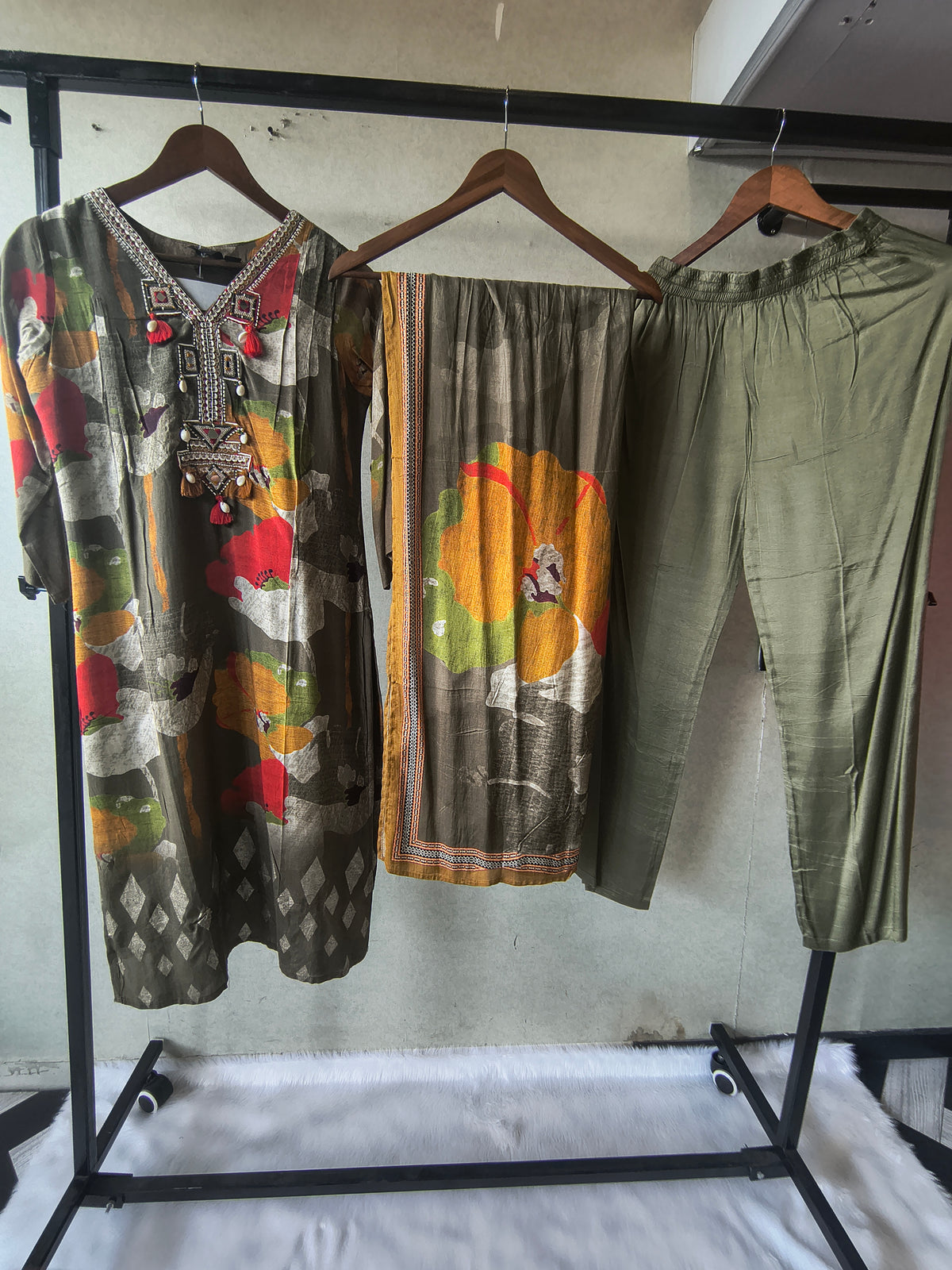 Premium Olive Green Floral Printed Kurta Set with Embellished Neckline, Solid Pants & Printed Dupatta