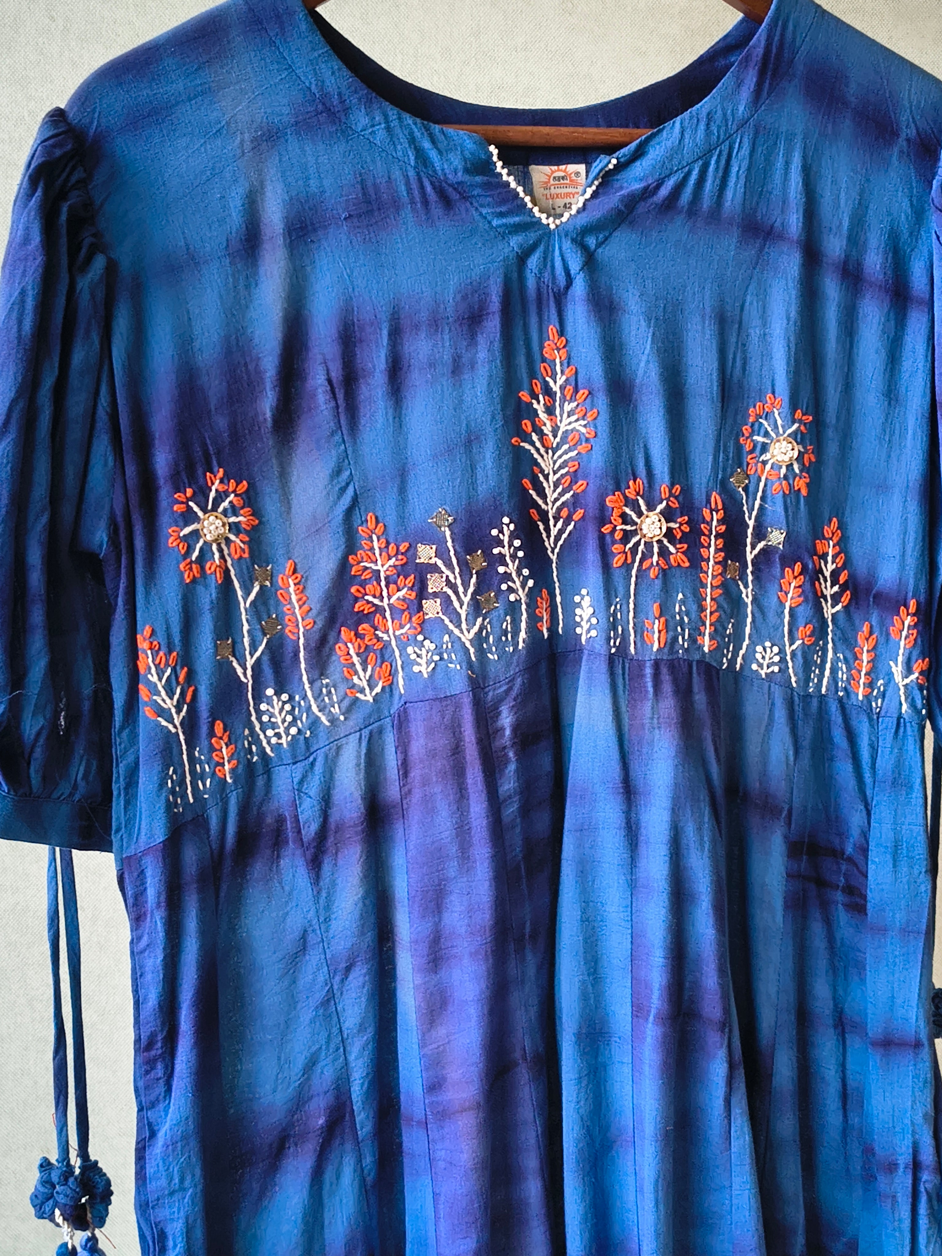 Image of Premium Indigo Tie-Dye Embroidered Cotton Flared Dress