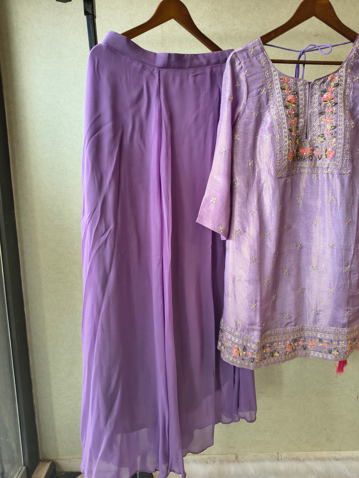 Premium Lavender Embroidered Kurta with Sharara & Banarasi Dupatta Set