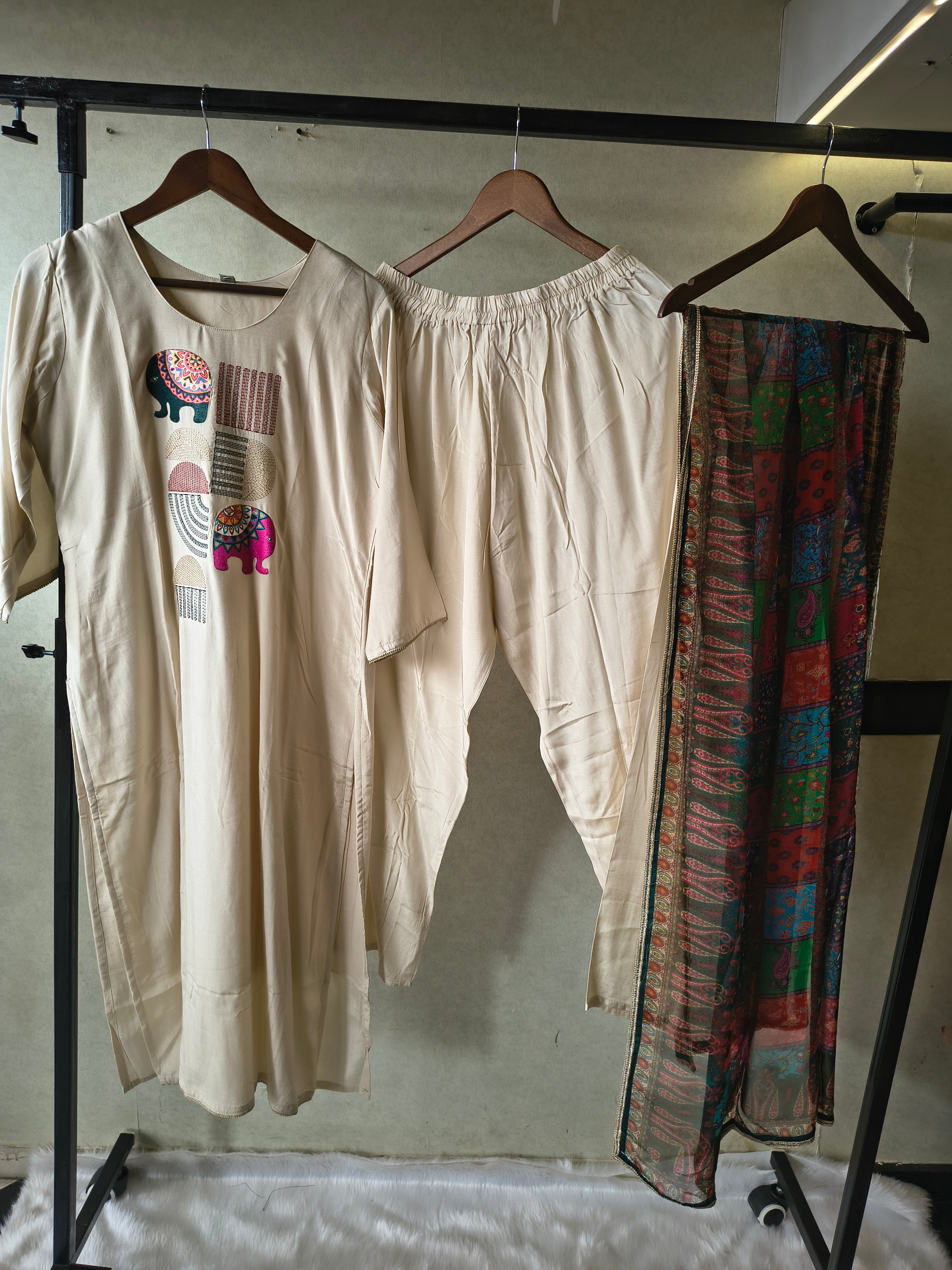 Image of Ivory Cotton Kurta Set with Elephant Motif & Printed Dupatta – Premium 3 Piece Ethnic Ensemble