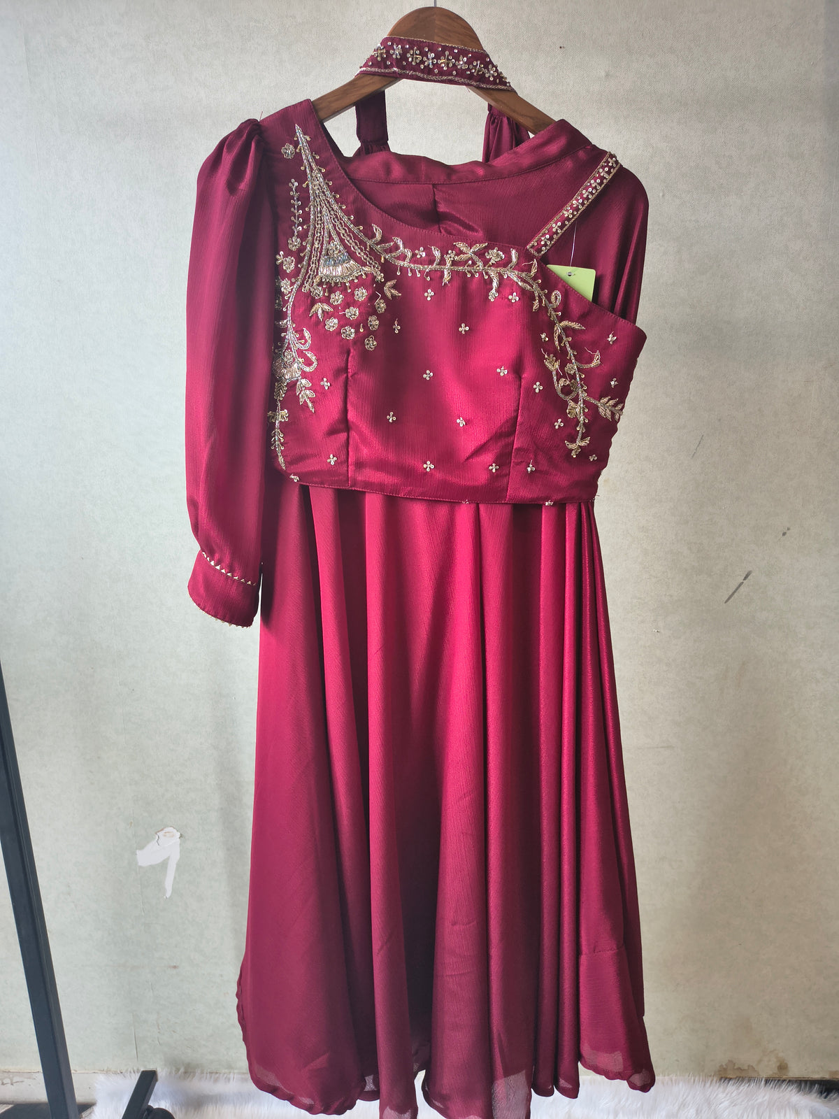 Premium Wine Satin Silk 3-Piece Lehenga Set with Hand Embroidered One-Shoulder Blouse & Dupatta