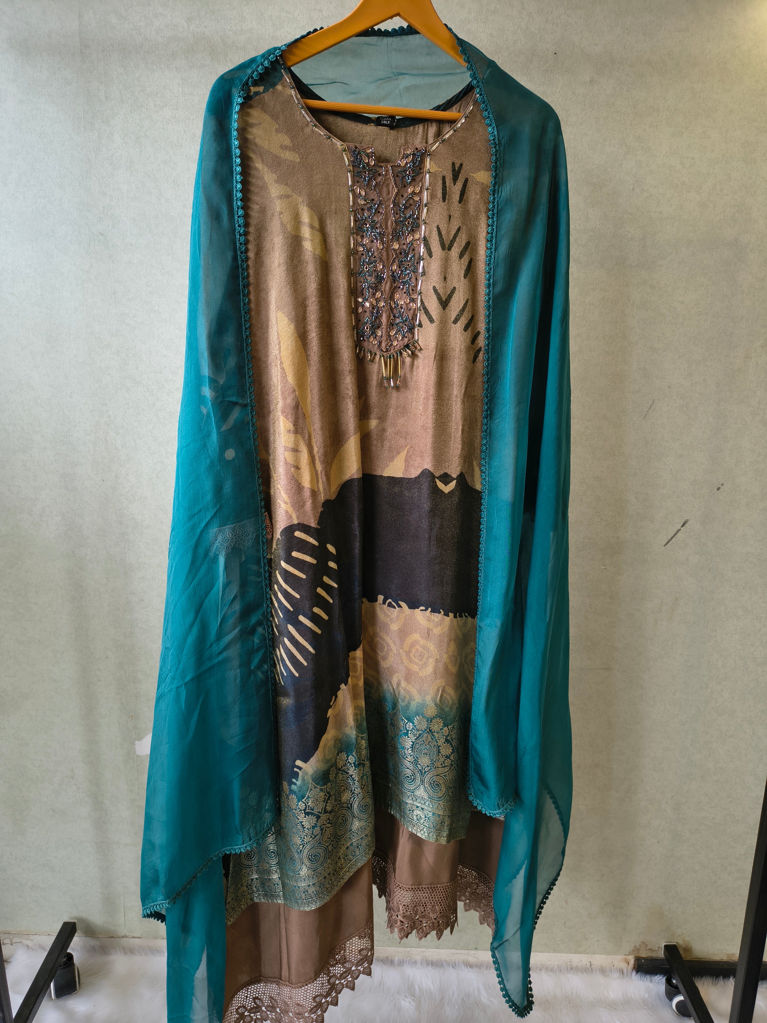 Image of Premium Abstract Print Straight Kurta with Cigarette Pants & Dupatta Set