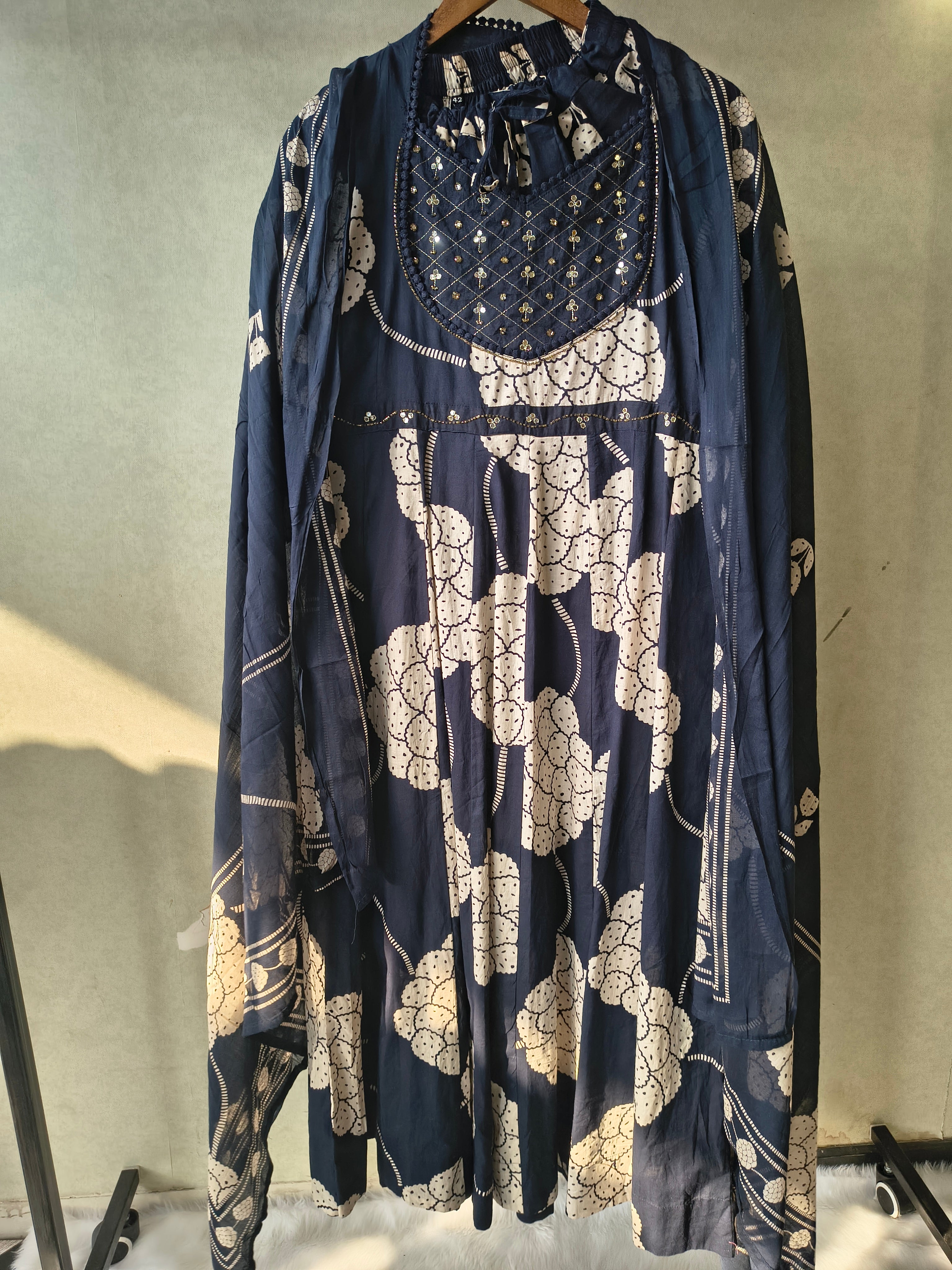 Image of Premium Navy Blue Handblock Printed Cotton Anarkali Suit Set with Printed Pants & Dupatta