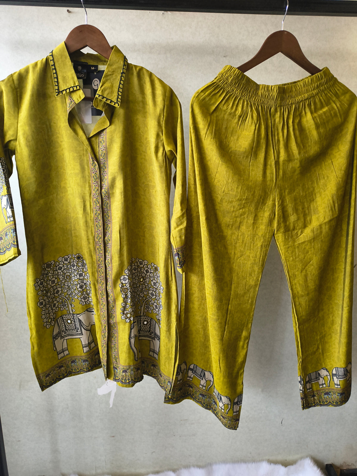 Mustard Yellow Elephant Print Designer Co-Ord Set with Asymmetrical Hem