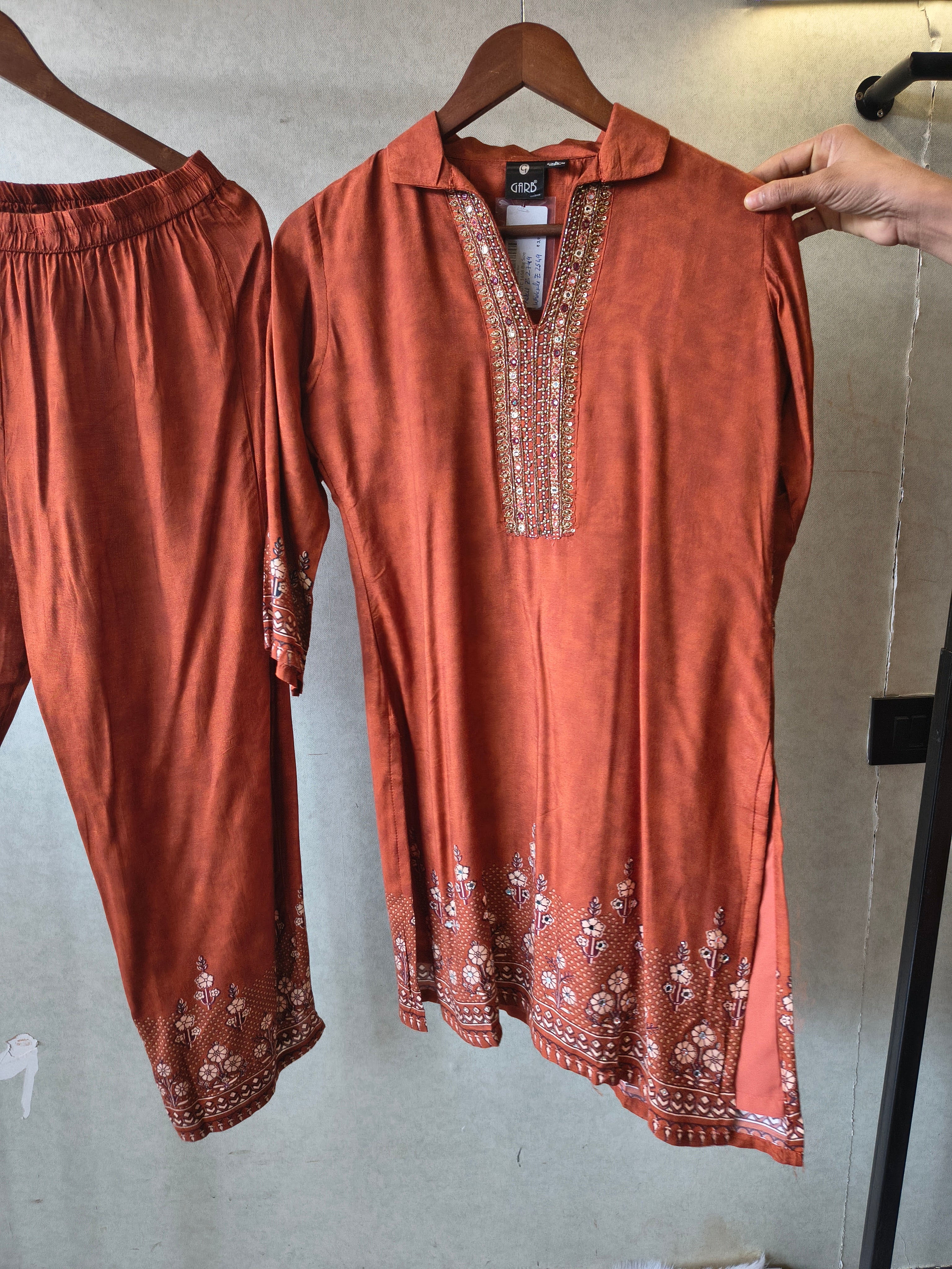 Image of Rust Brown Designer Ethnic Co-Ord Set with Embellished Neckline & Printed Borders