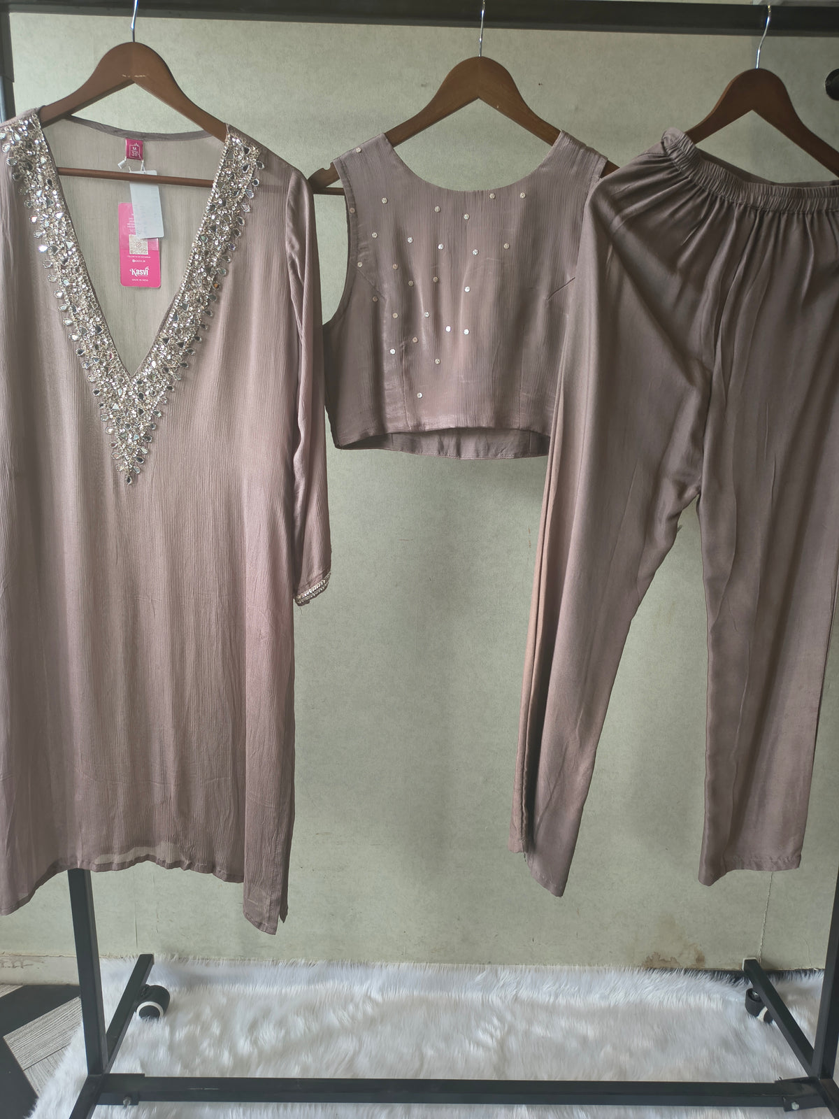 Luxury Taupe Embellished Kurta with Sleeveless Blouse & Straight Pants – 3 Piece Designer Indo-Western Set