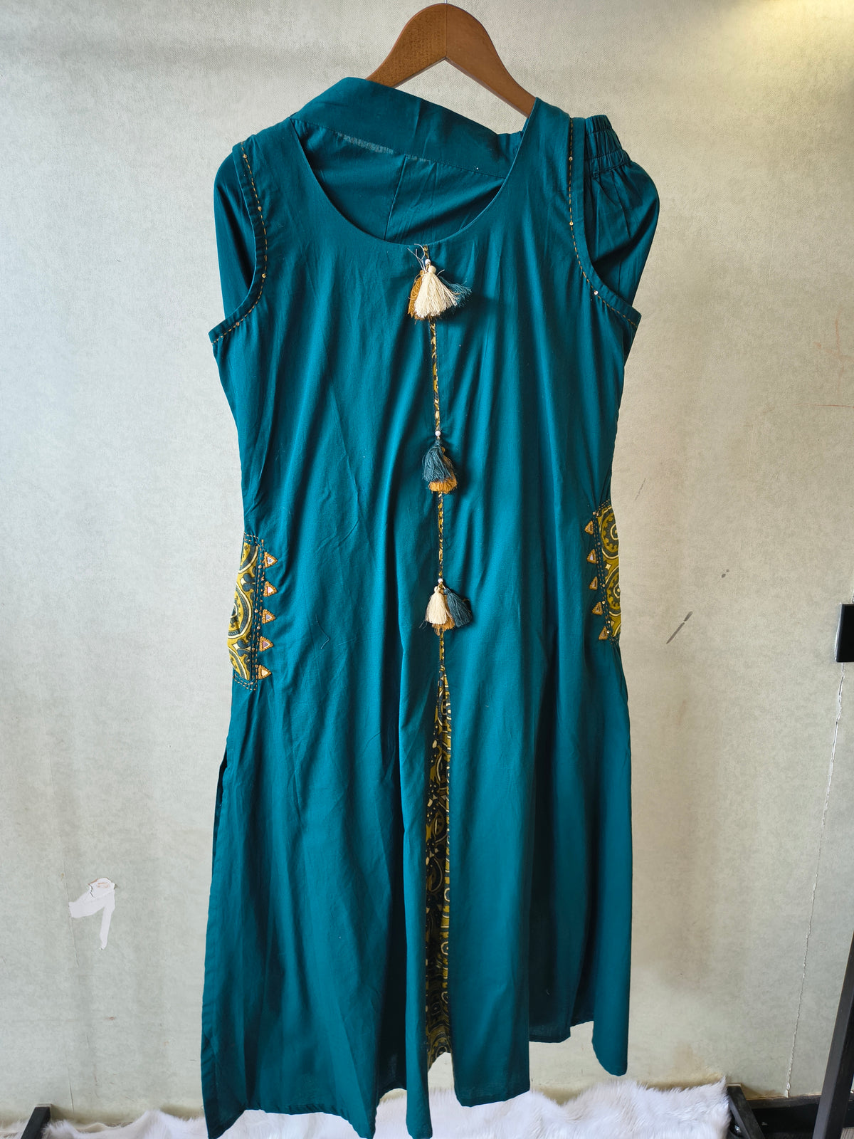 Teal Sleeveless A-Line Kurta Set with Printed Panel & Straight Pants