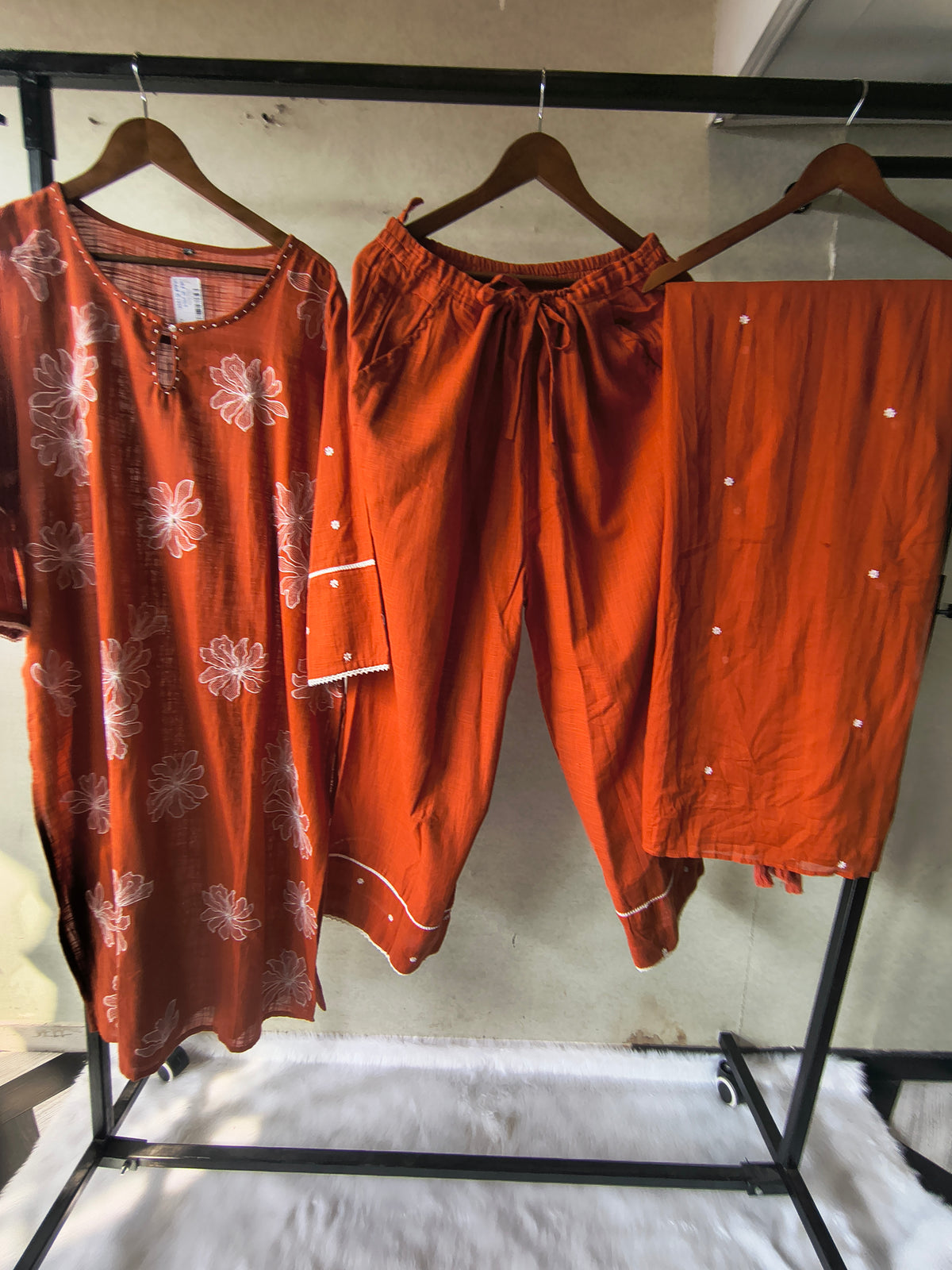 Rust Orange Floral Printed Cotton Kurta Set with Solid Pants & Embroidered Dupatta