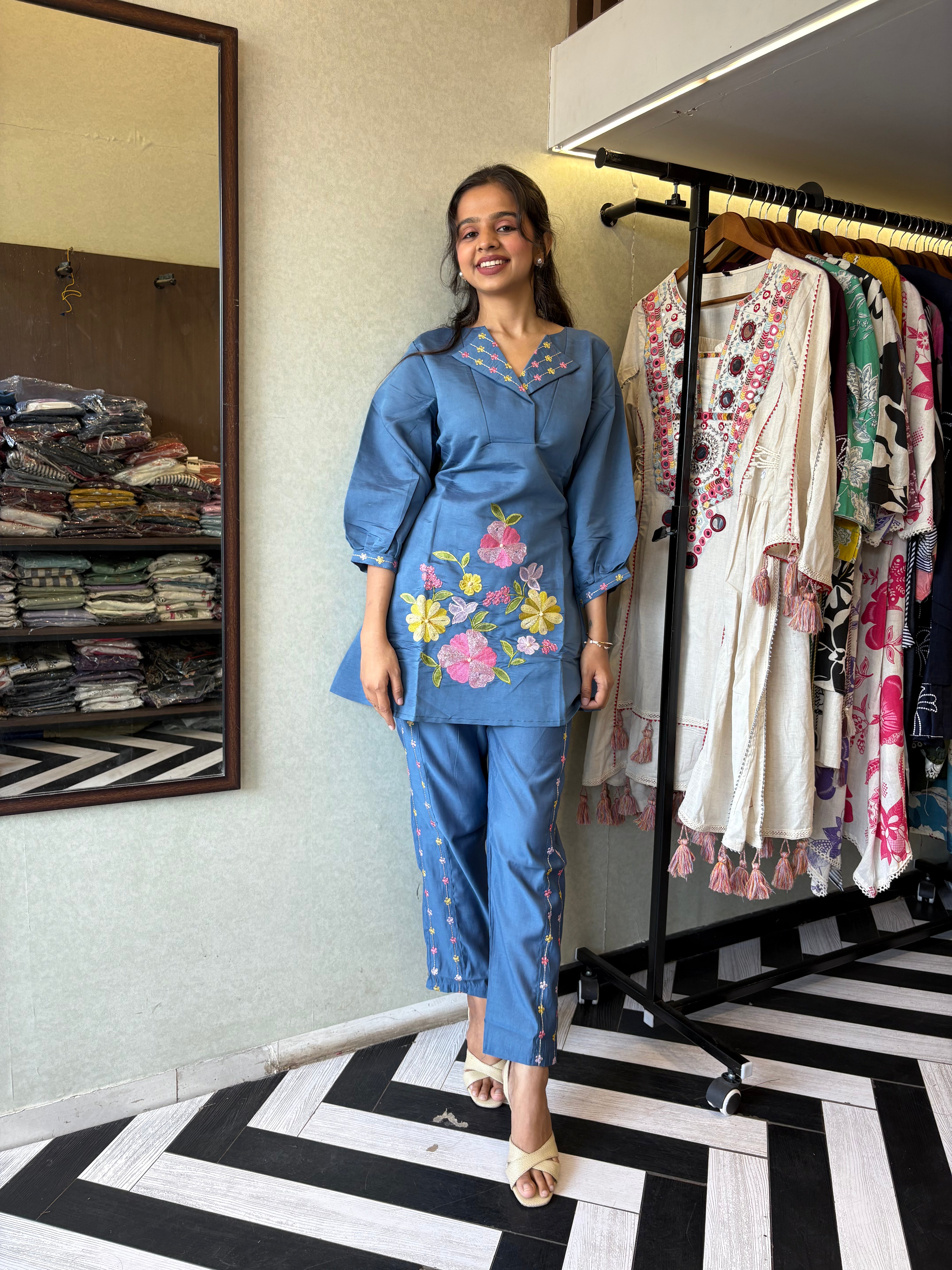 Image of Pure cotton 2-piece coord set in soothing pista color - designed with elegant prints and made for all-day comfort.