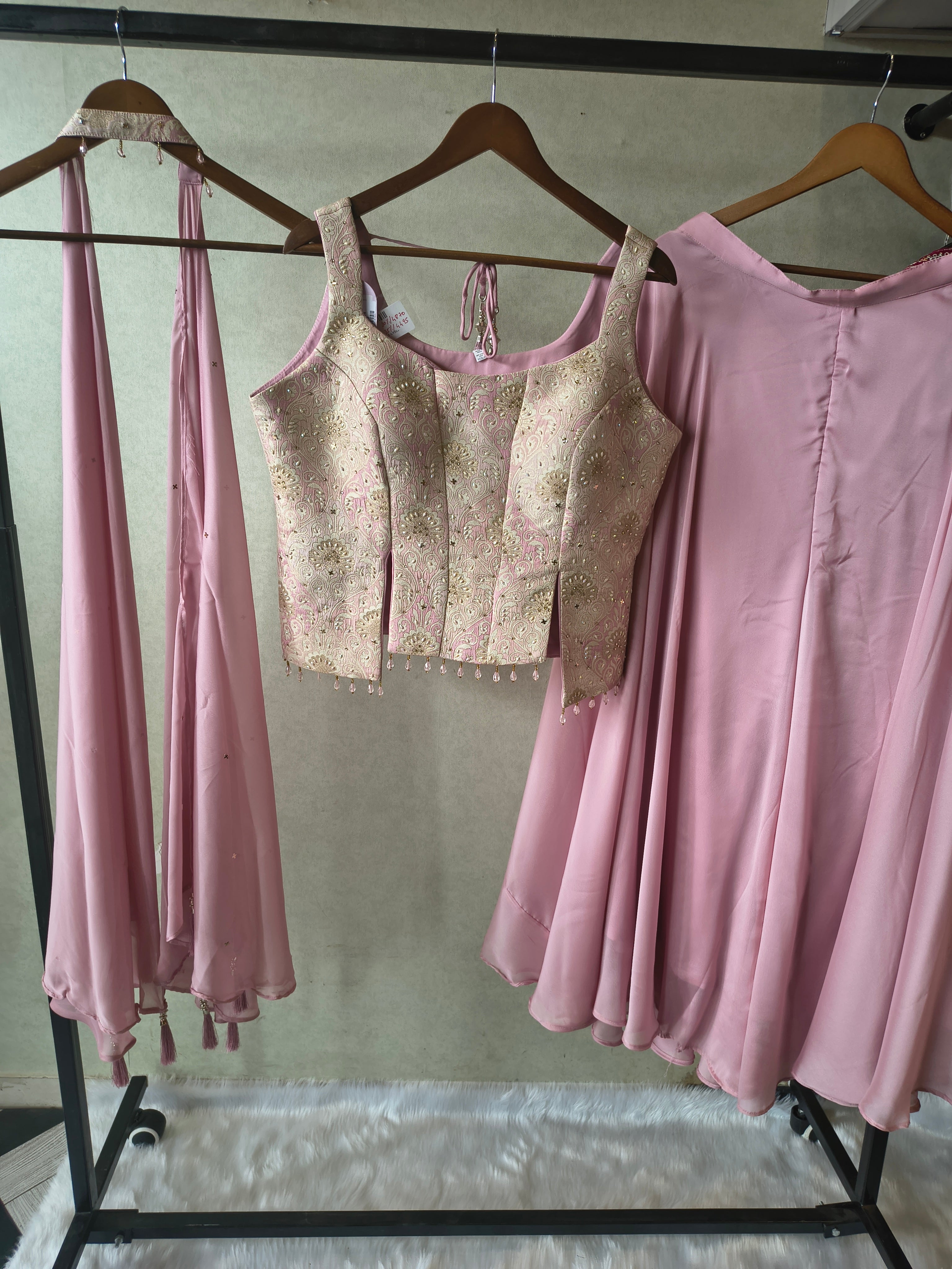 Image of Premium Blush Pink 3-Piece Designer Lehenga Set with Brocade Embroidered Blouse & Tassel Dupatta