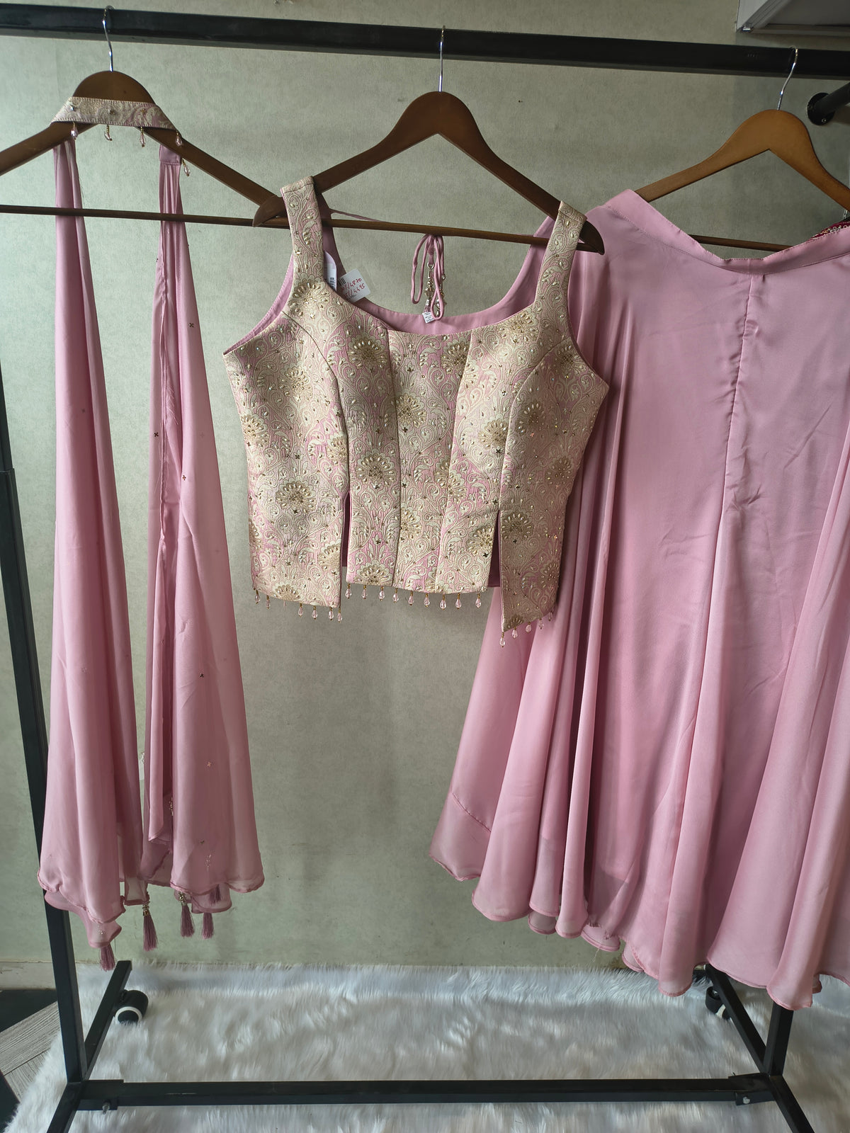 Premium Blush Pink 3-Piece Designer Lehenga Set with Brocade Embroidered Blouse & Tassel Dupatta