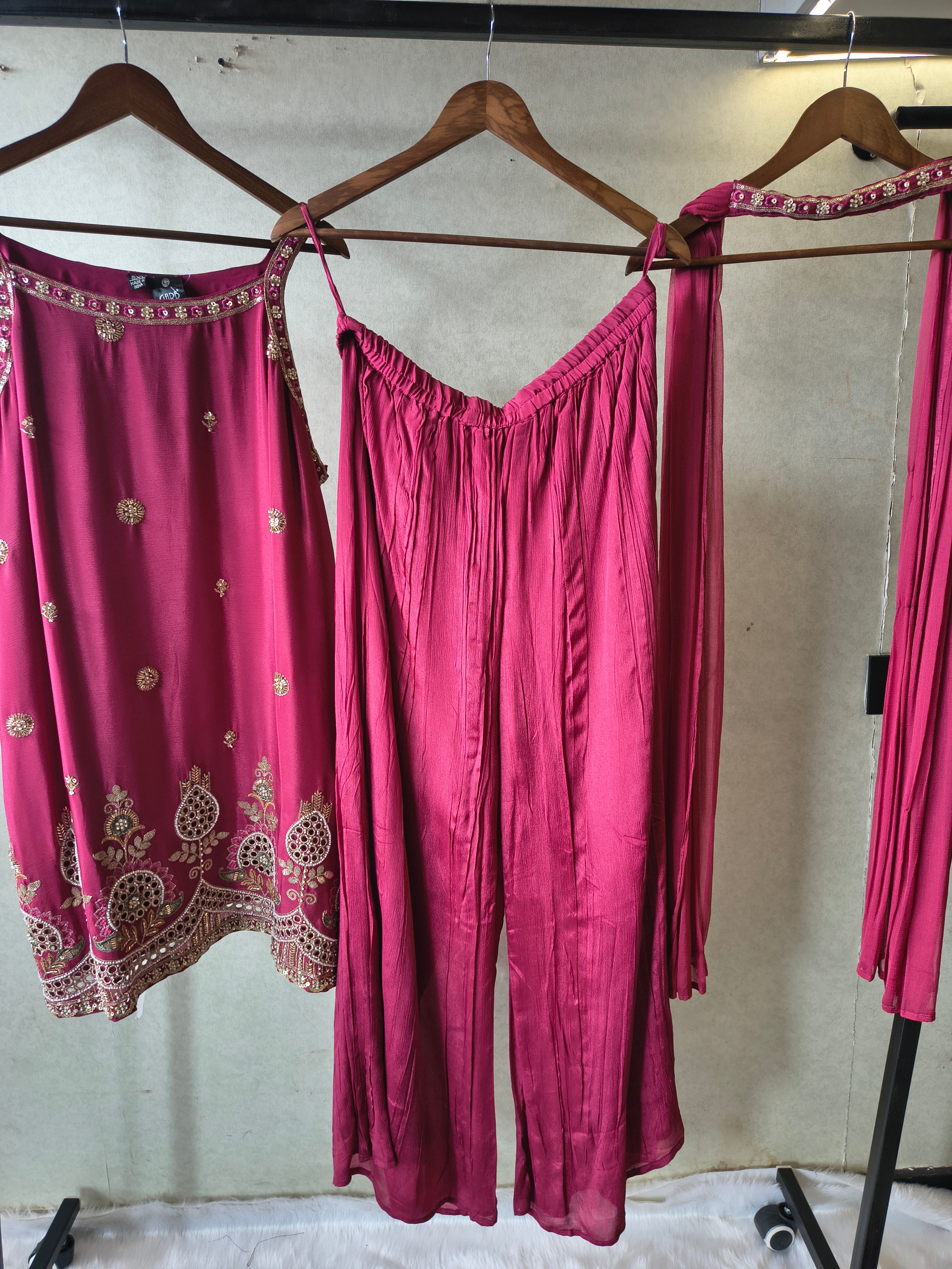 Image of Rani Pink Hand Embroidered Kurta Set with Designer Palazzo & Embellished Dupatta – Premium 3 Piece Festive Ensemble