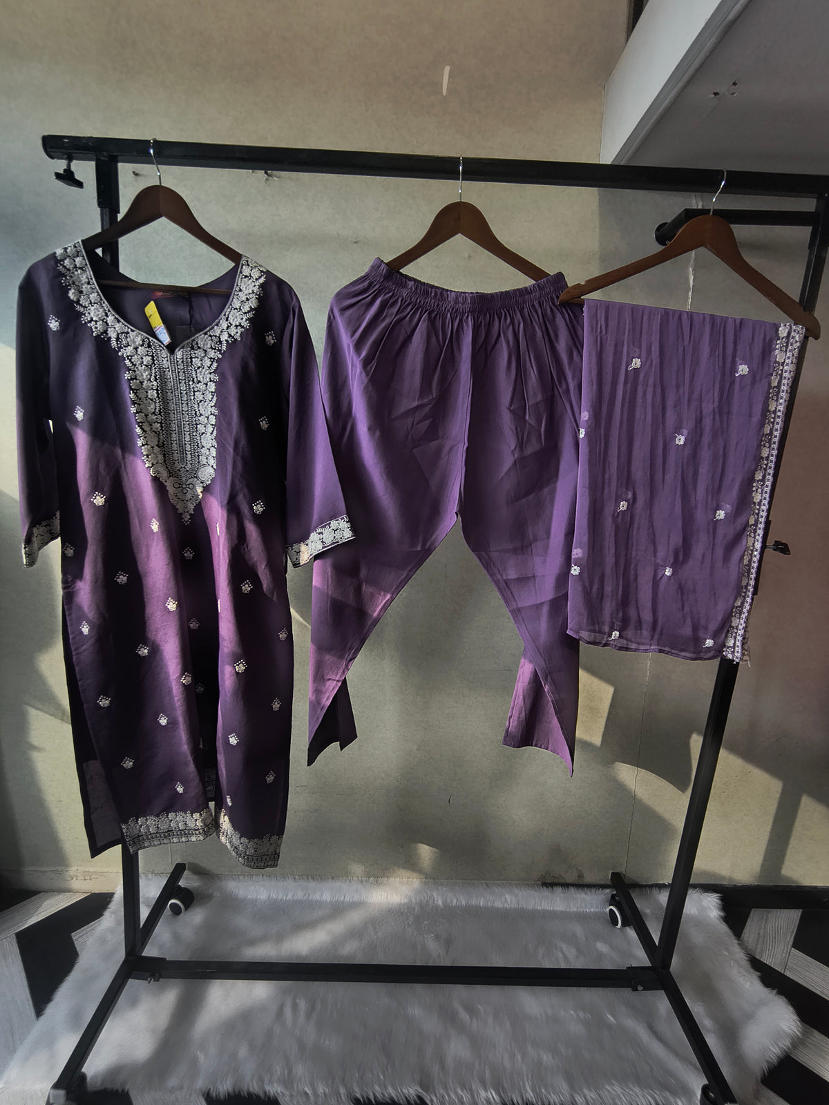 Premium Lavender Embroidered Kurta Set with Chikankari Work & Organza Dupatta