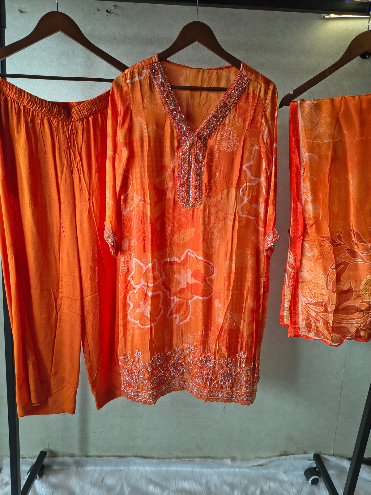 Burnt Orange Printed Silk Blend Kurta Set with Embellished Neckline & Floral Border – Premium 3 Piece Ethnic Ensemble