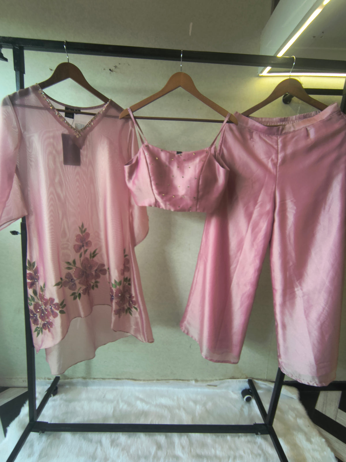 Blush Pink Floral Embroidered Kaftan Co-ord Set with Hand-Painted Cape, Embellished Blouse & Palazzo
