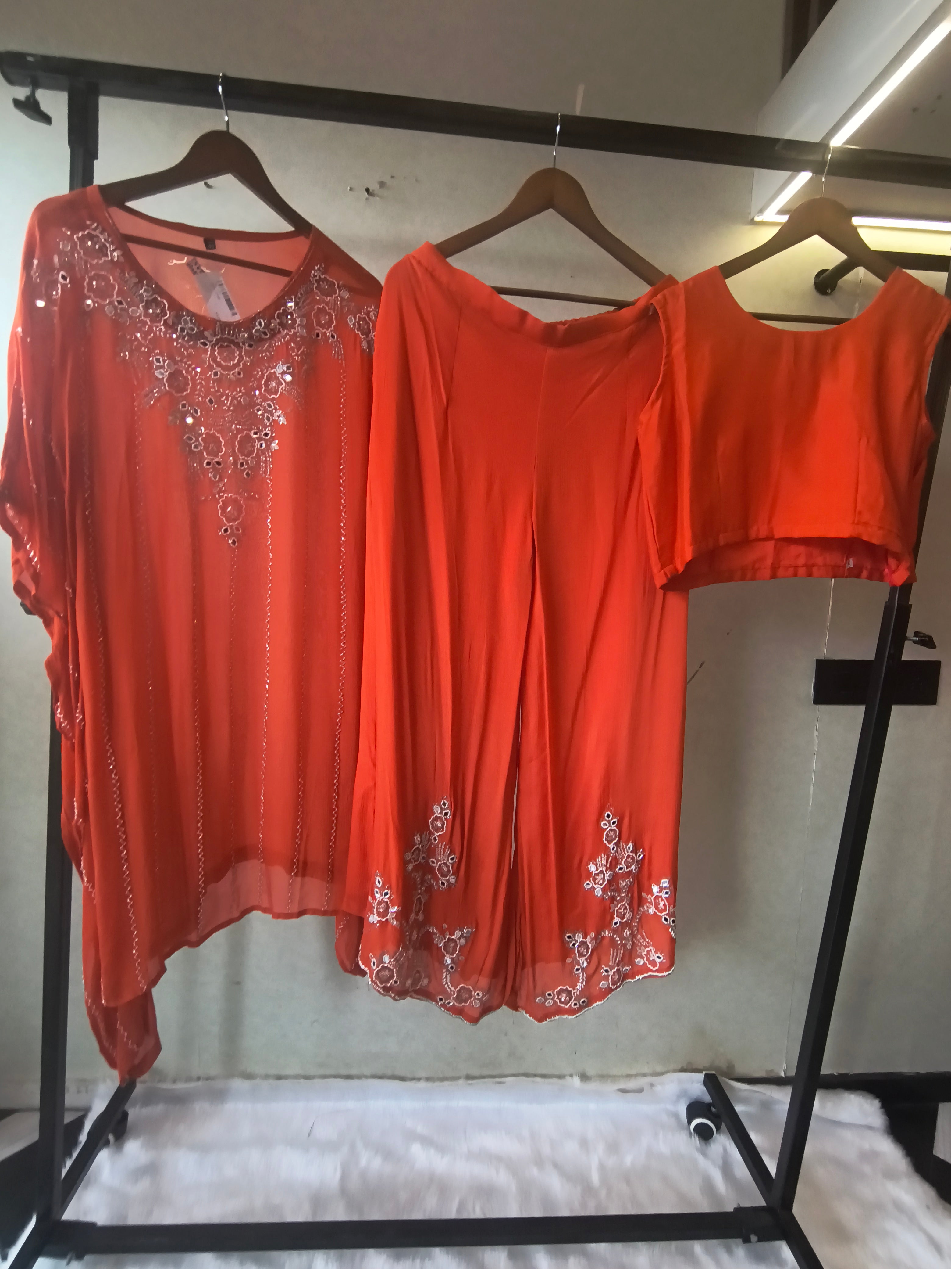 Image of Rust Orange Embroidered Kaftan Co-Ord Set with Palazzo & Blouse – Designer 3 Piece Indo-Western Fusion Wear
