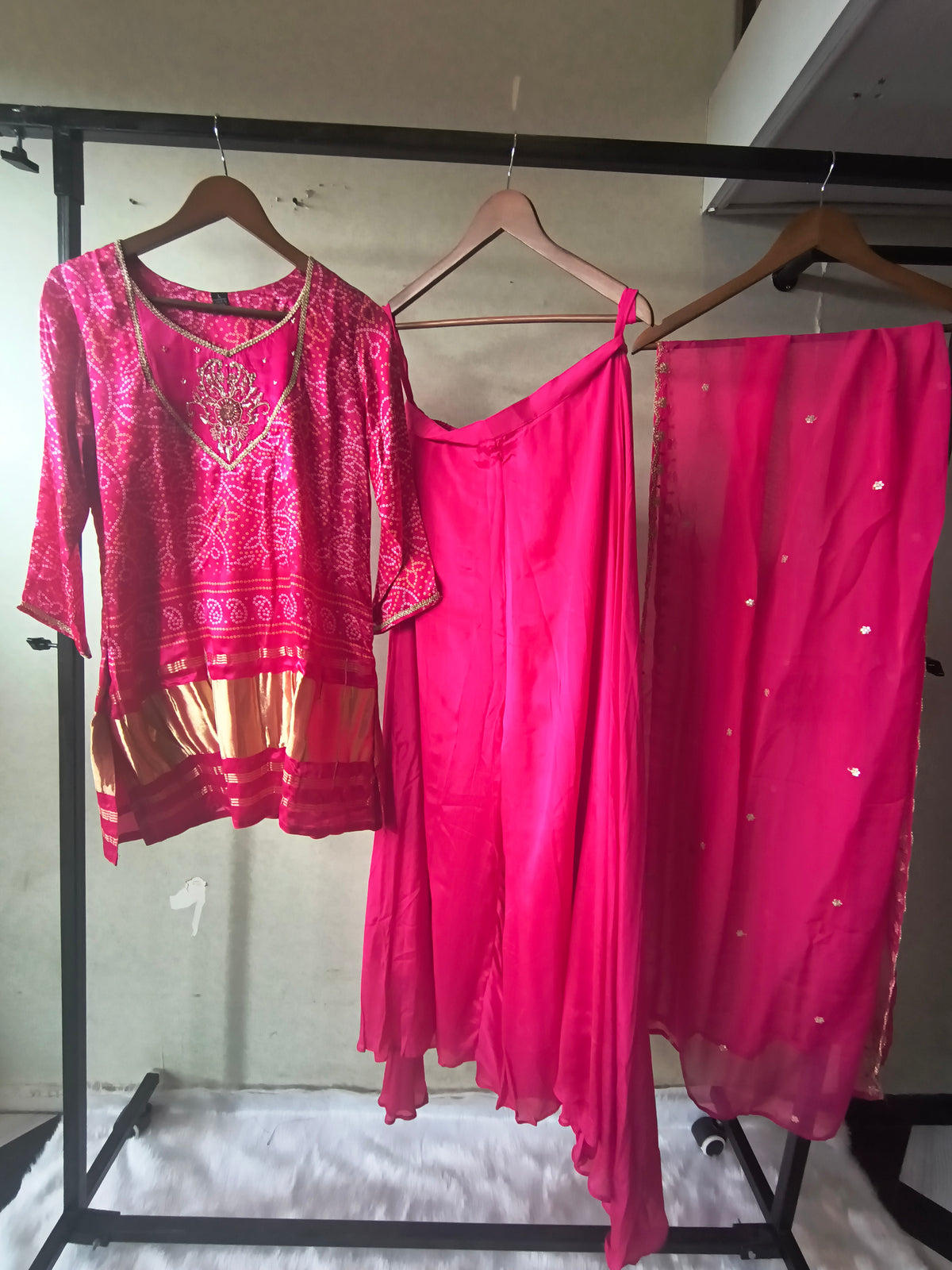 Rani Pink Bandhani Sharara Set with Zari Border & Embroidered Dupatta – Premium 3 Piece Festive Ensemble