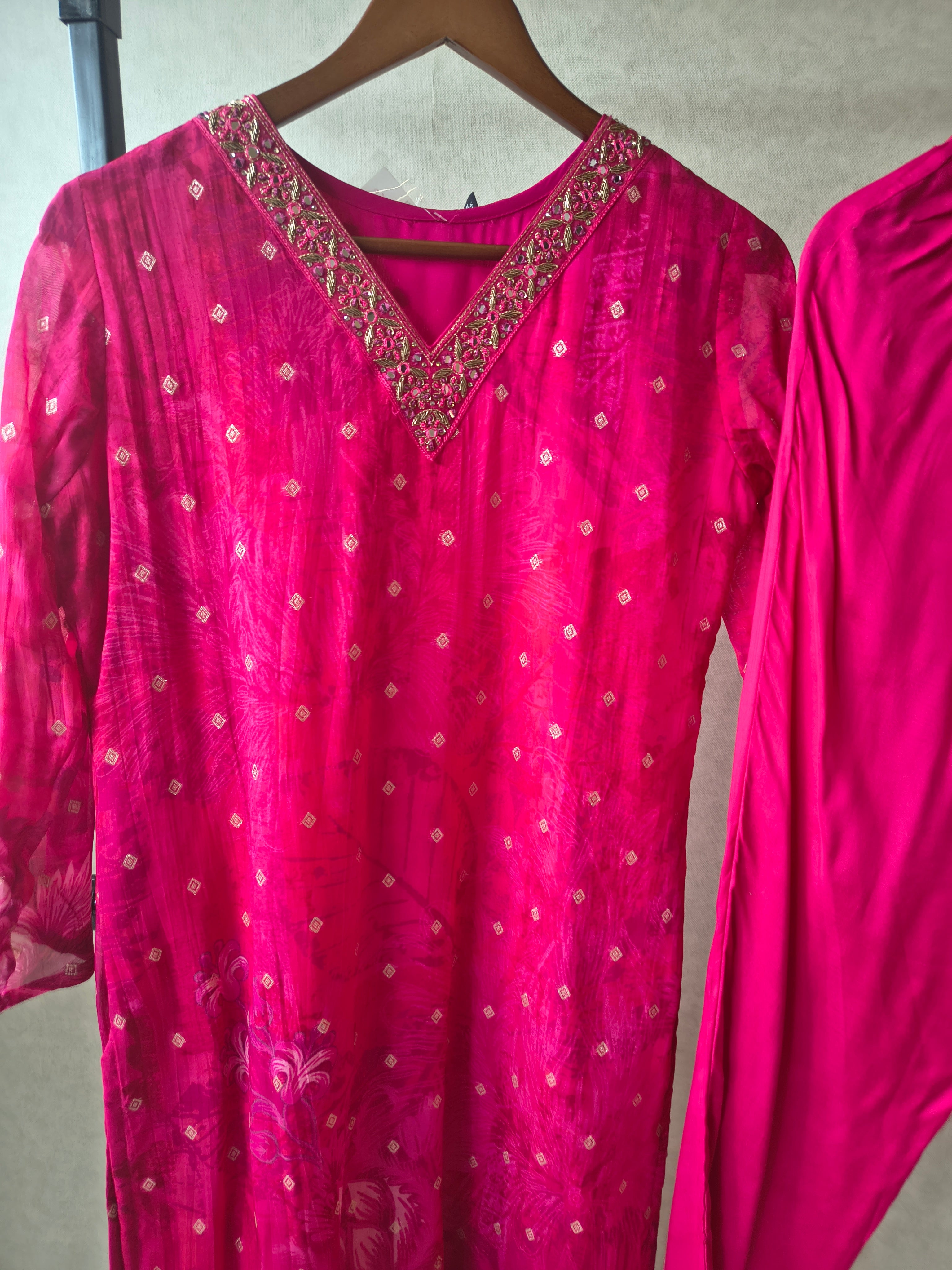 Image of Premium Rani Pink Printed Straight Kurta with Cigarette Pants & Dupatta Set