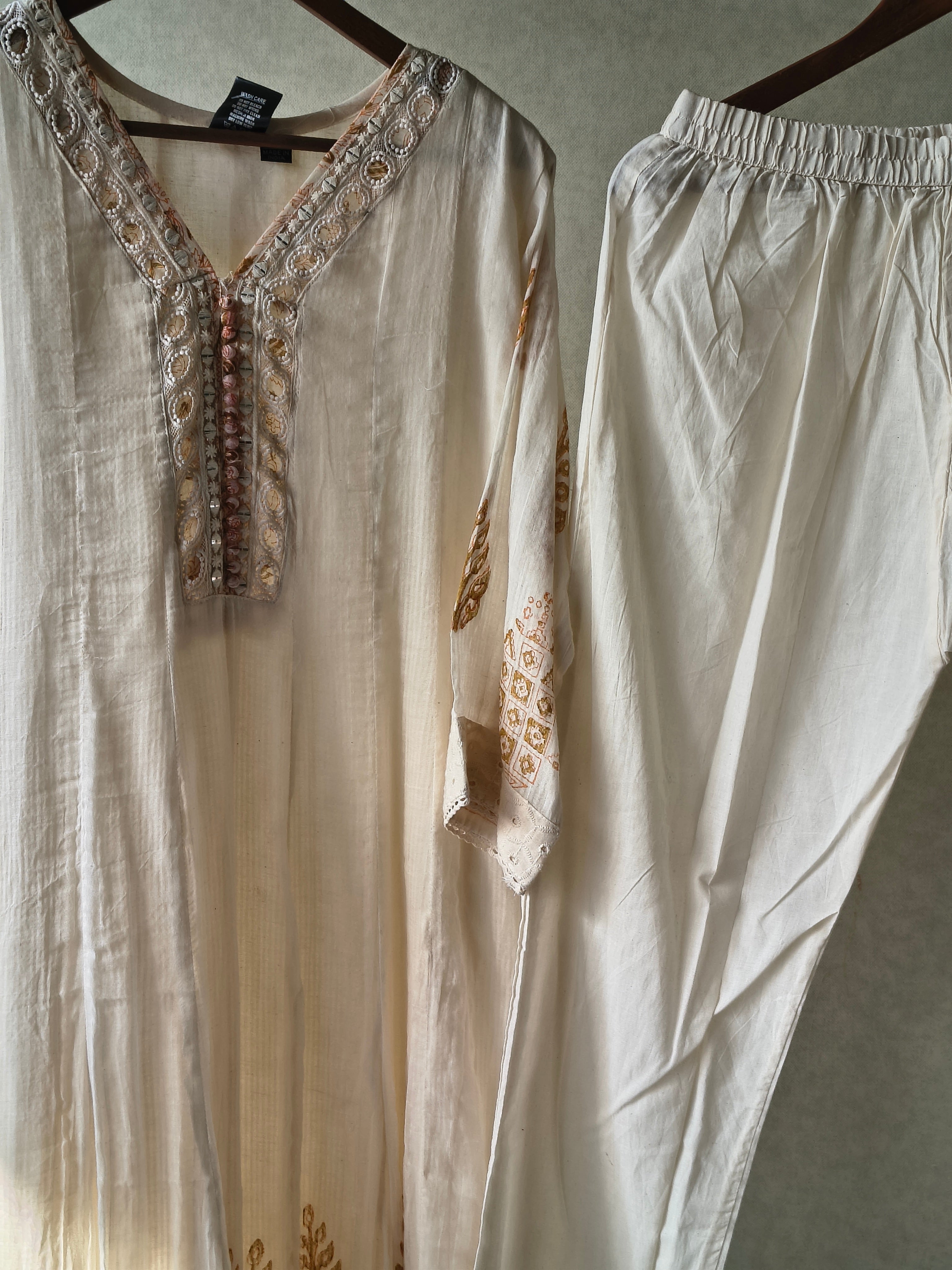 Image of Premium Ivory Embroidered Anarkali Kurta Set with Mirror Work & Cotton Dupatta