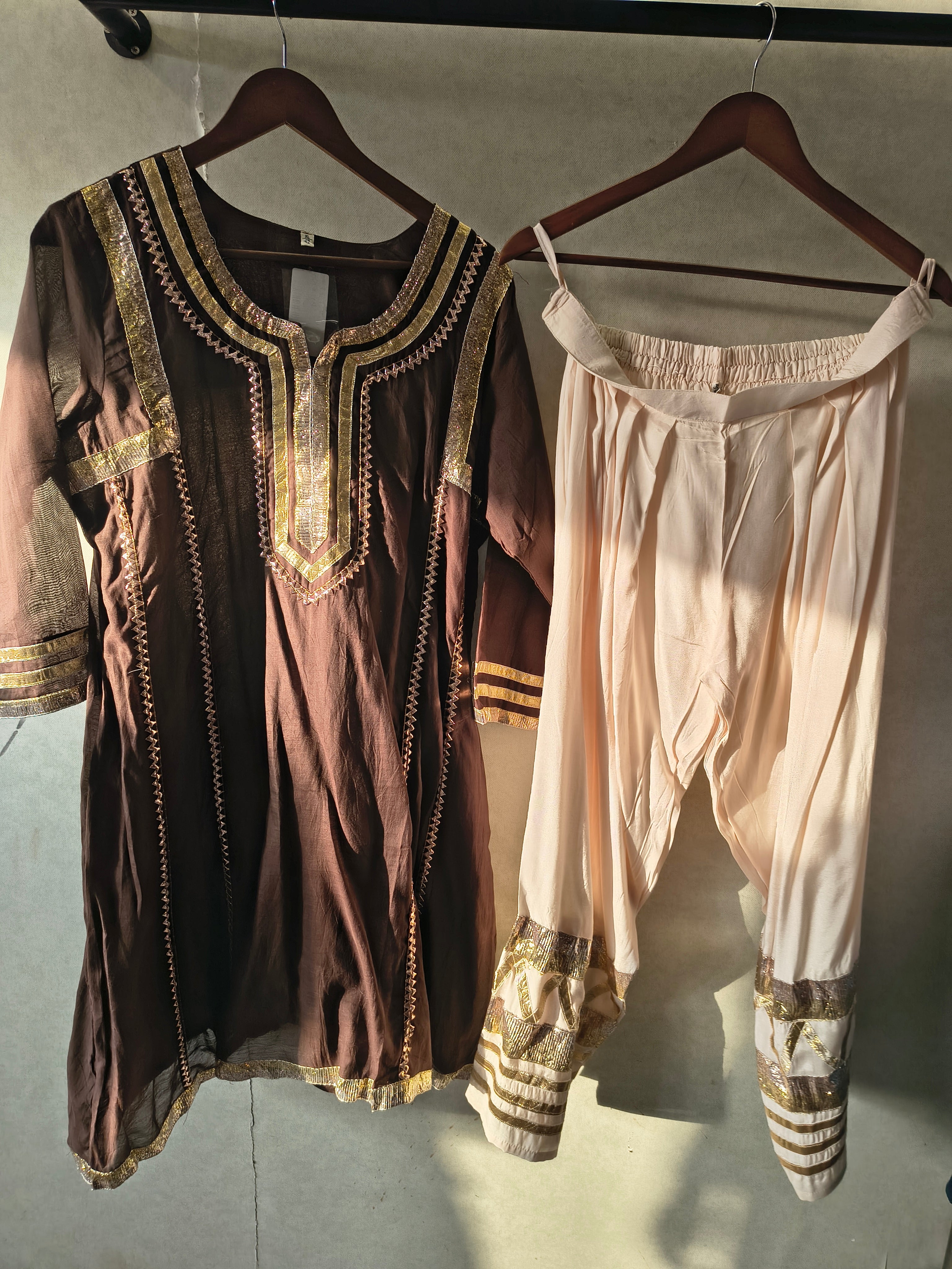 Image of Chocolate Brown Gota Patti Designer Kurta Set with Embellished Dhoti Pants