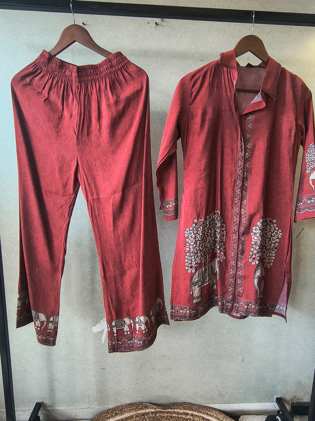 Rust Red Elephant Print Designer Co-Ord Set with Asymmetrical Hem
