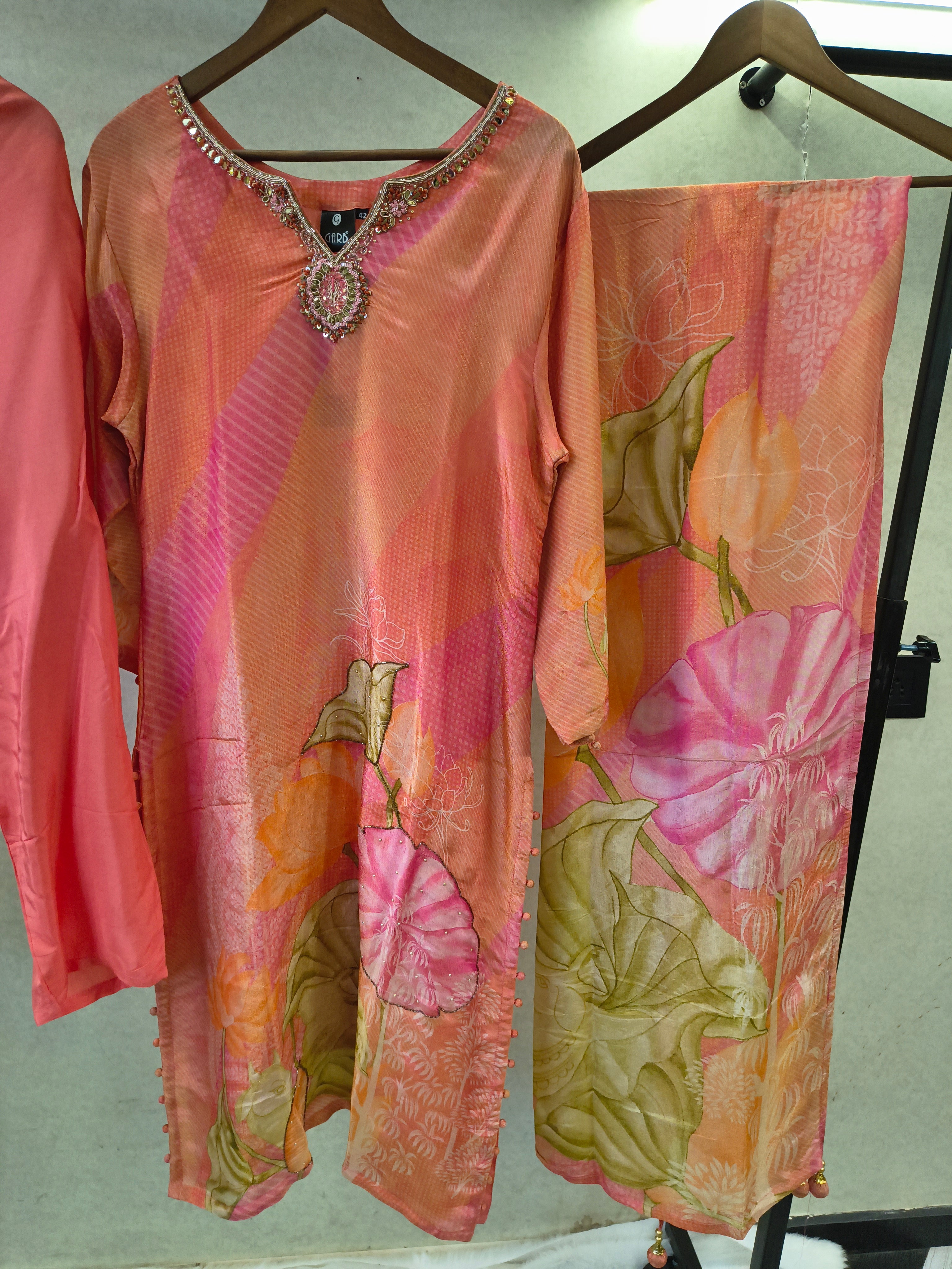 Image of Coral Pink Floral Printed Designer Kurta Set with Embellished Neckline & Printed Dupatta | Premium 3 Piece Festive Ensemble