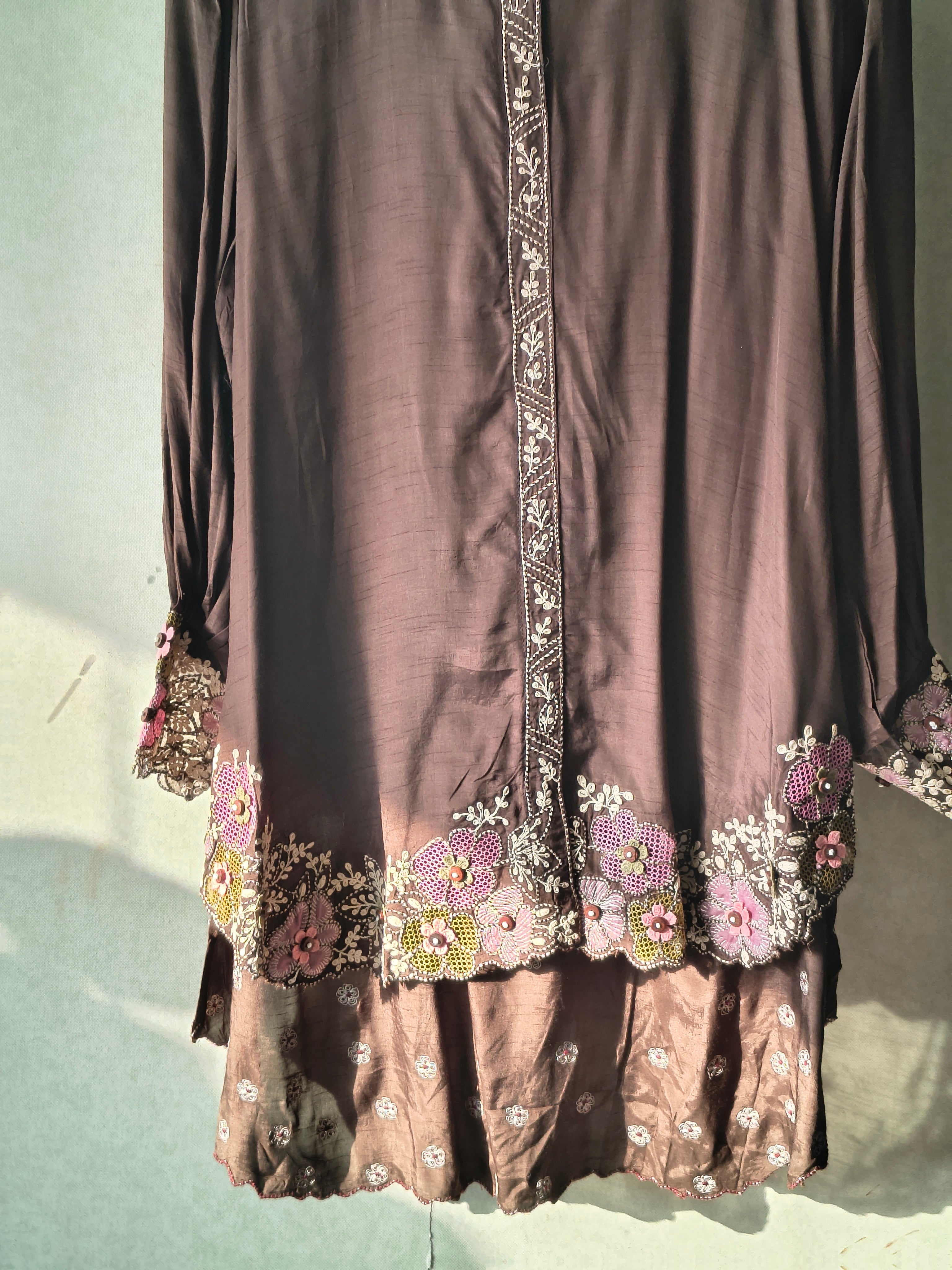 Image of Chocolate Brown Designer Embroidered Co-Ord Set with 3D Floral Appliqué & Organza Hem