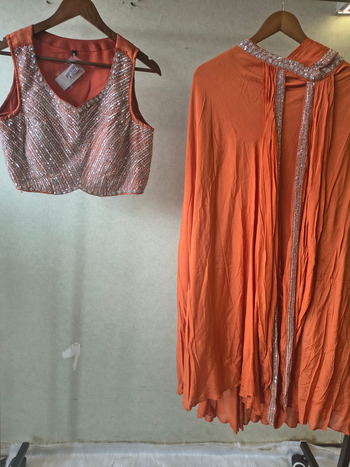 Burnt Orange Embellished Designer Blouse with Drape Palazzo & Cape – 3 Piece Indo-Western Party Wear Set