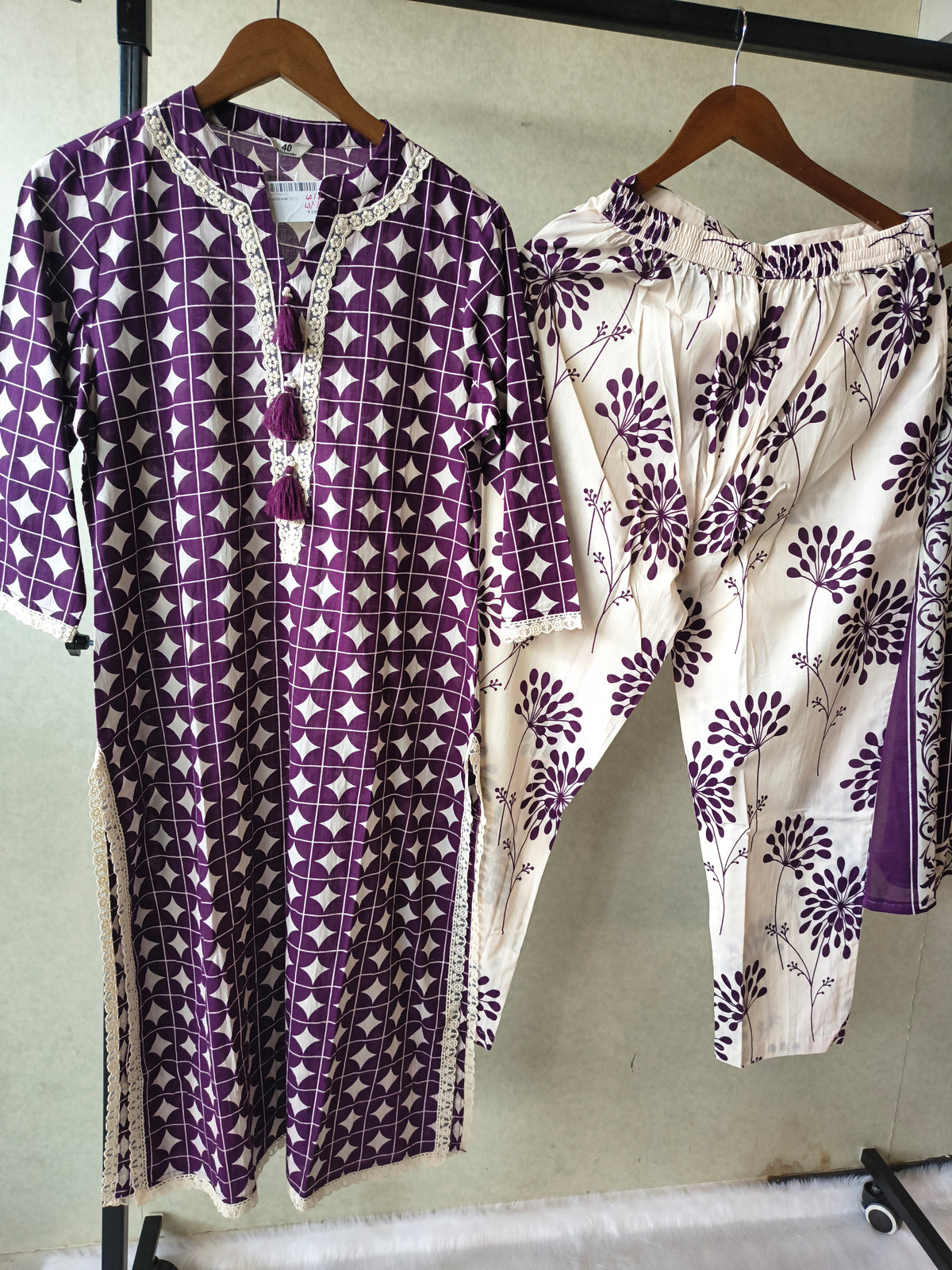 Premium Plum Geometric Printed Cotton Kurta Set with Floral Printed Pants & Dupatta
