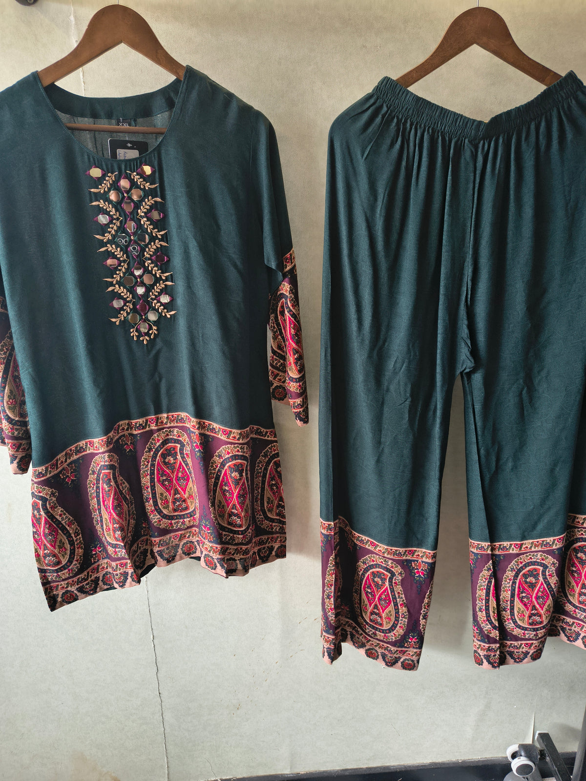 Premium Teal Mirror Work Printed Kurta Pant Co-Ord Set