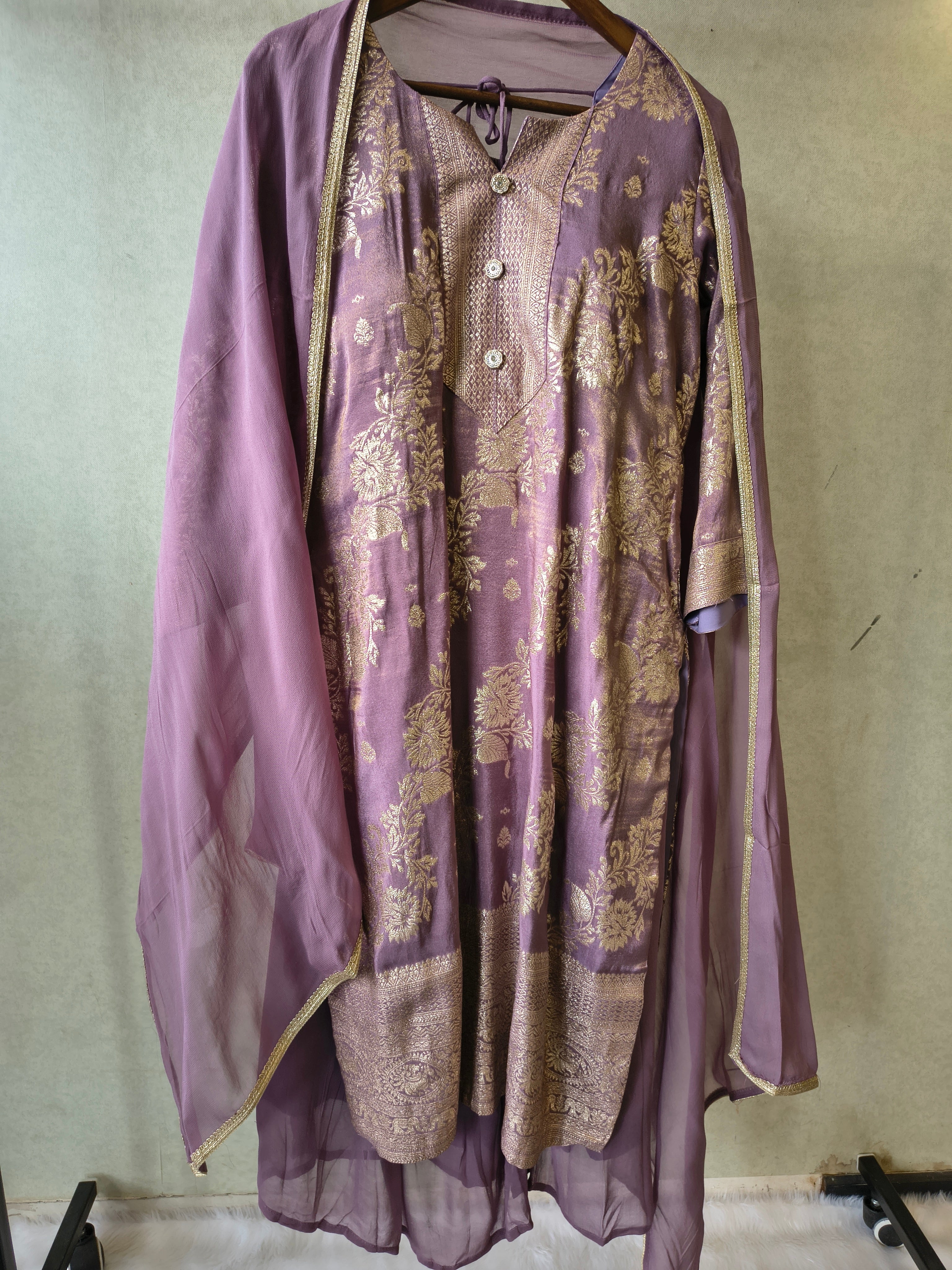 Image of Premium Lavender Jacquard Straight Kurta with Georgette Sharara & Dupatta Set