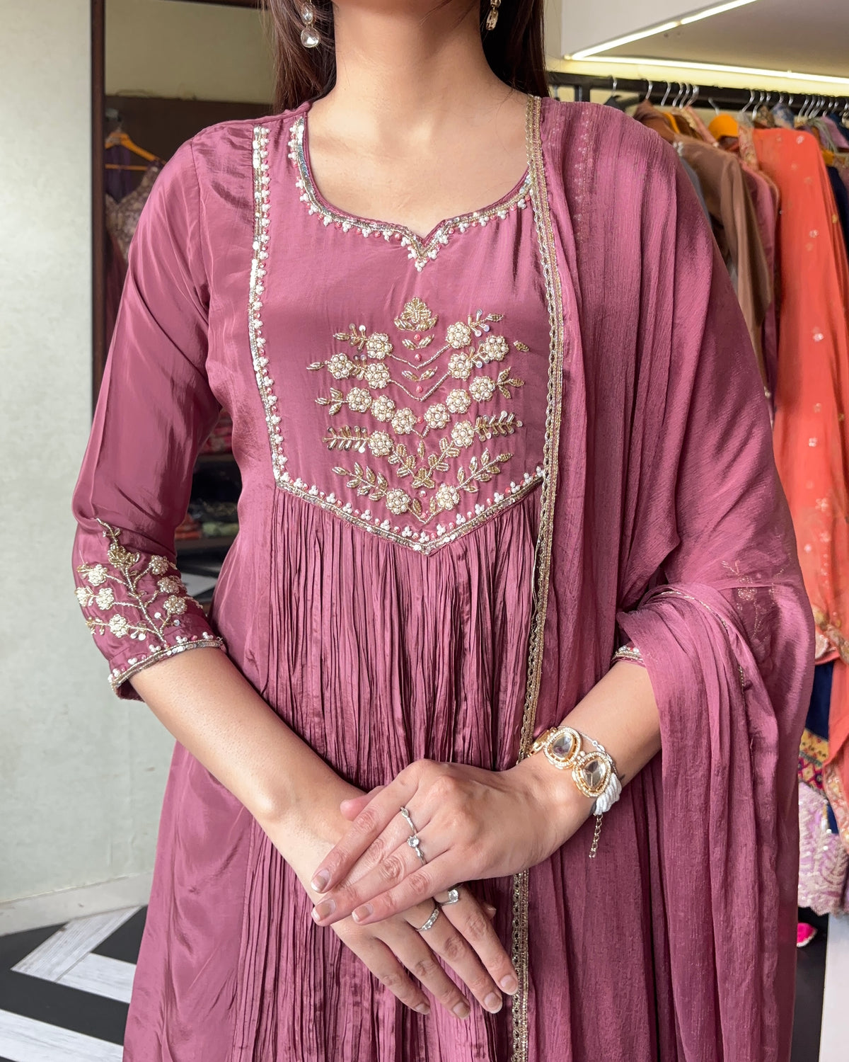 Pure Crepe 3-Piece Indo-Western Fusion Set | Designer Top & Plazzo | Handwork Detailing