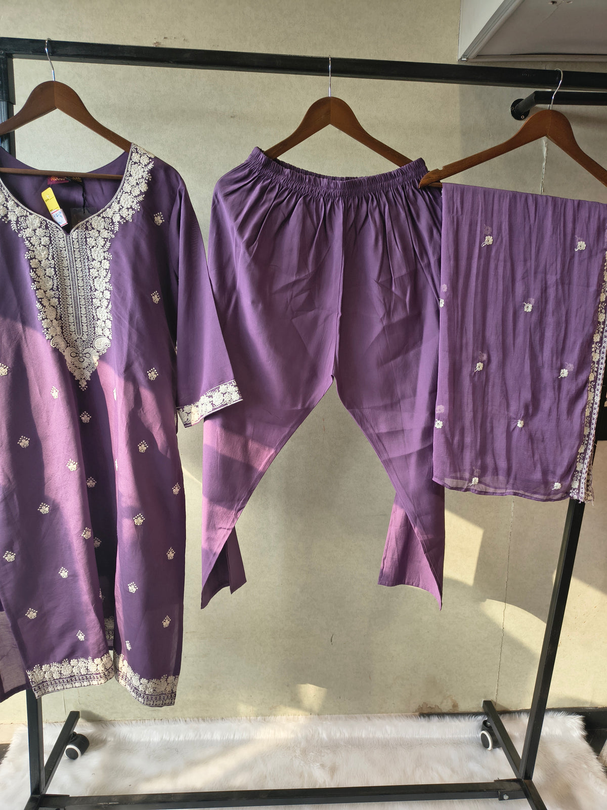 Premium Lavender Embroidered Kurta Set with Chikankari Work & Organza Dupatta
