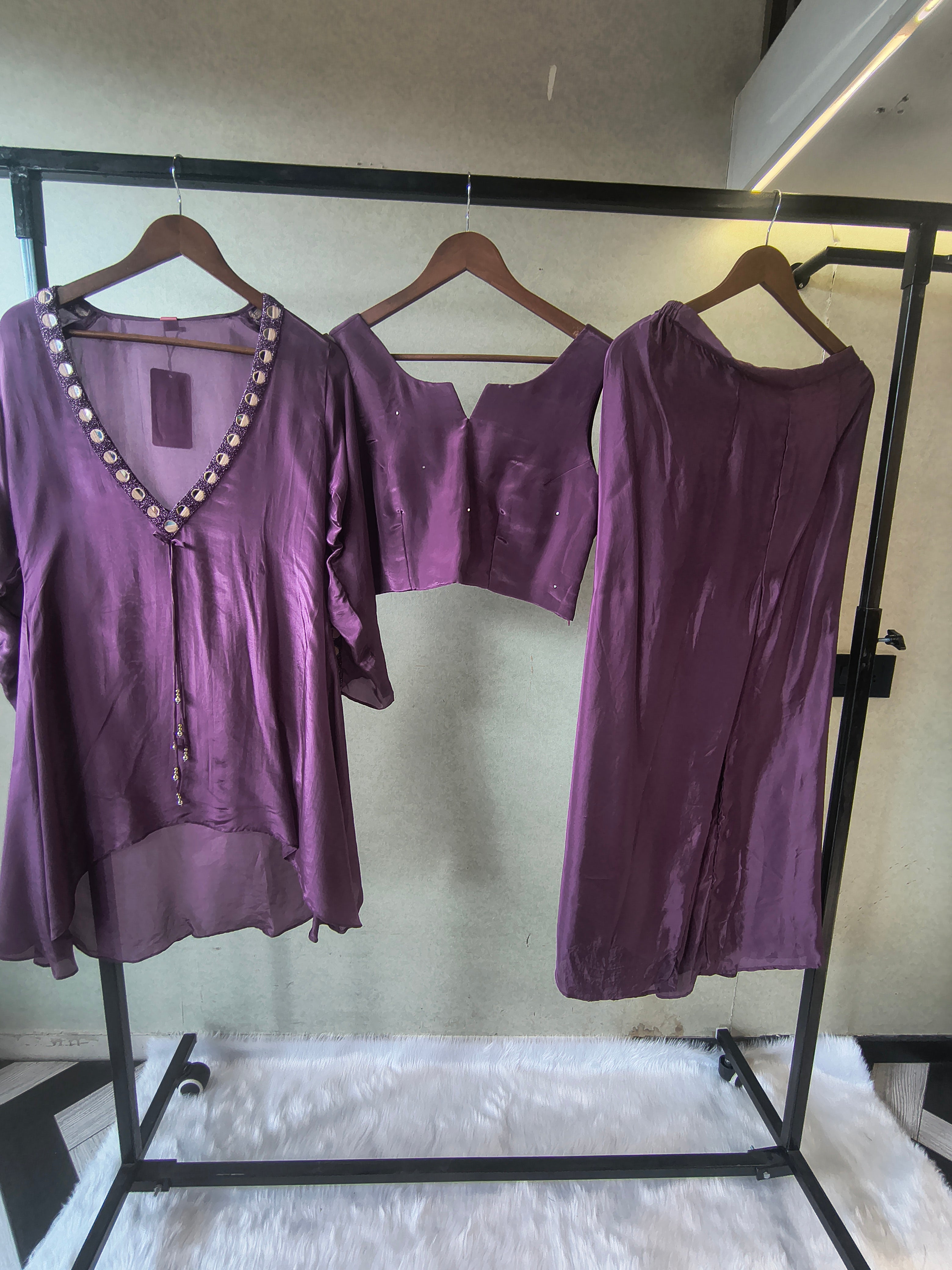 Image of Royal Plum Embellished High-Low Tunic with Sleeveless Blouse & Wide-Leg Pants – 3 Piece Designer Indo-Western Set