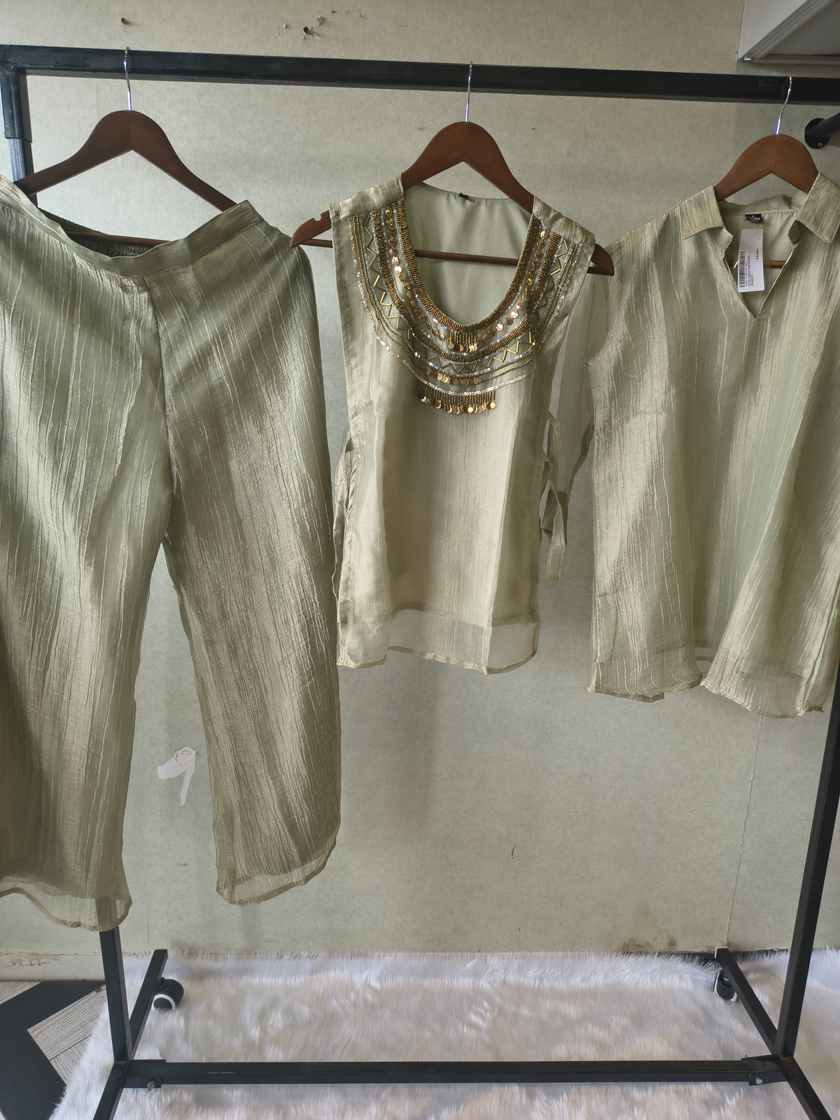 Premium Sage Grey Tissue Silk 3-Piece Co-Ord Set with Antique Hand Embellished Jacket, Inner & Palazzo