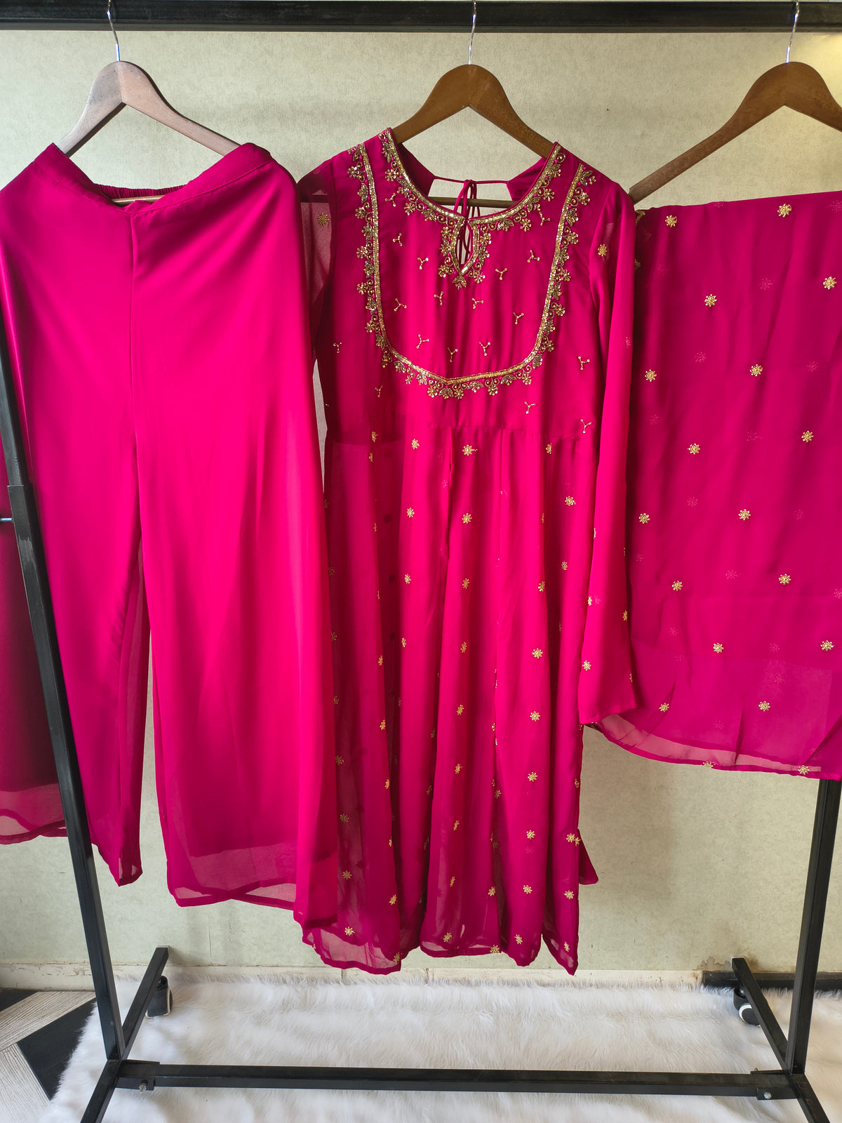 Premium Fuchsia Pink Embroidered Kurta with Sharara & Embellished Dupatta Set
