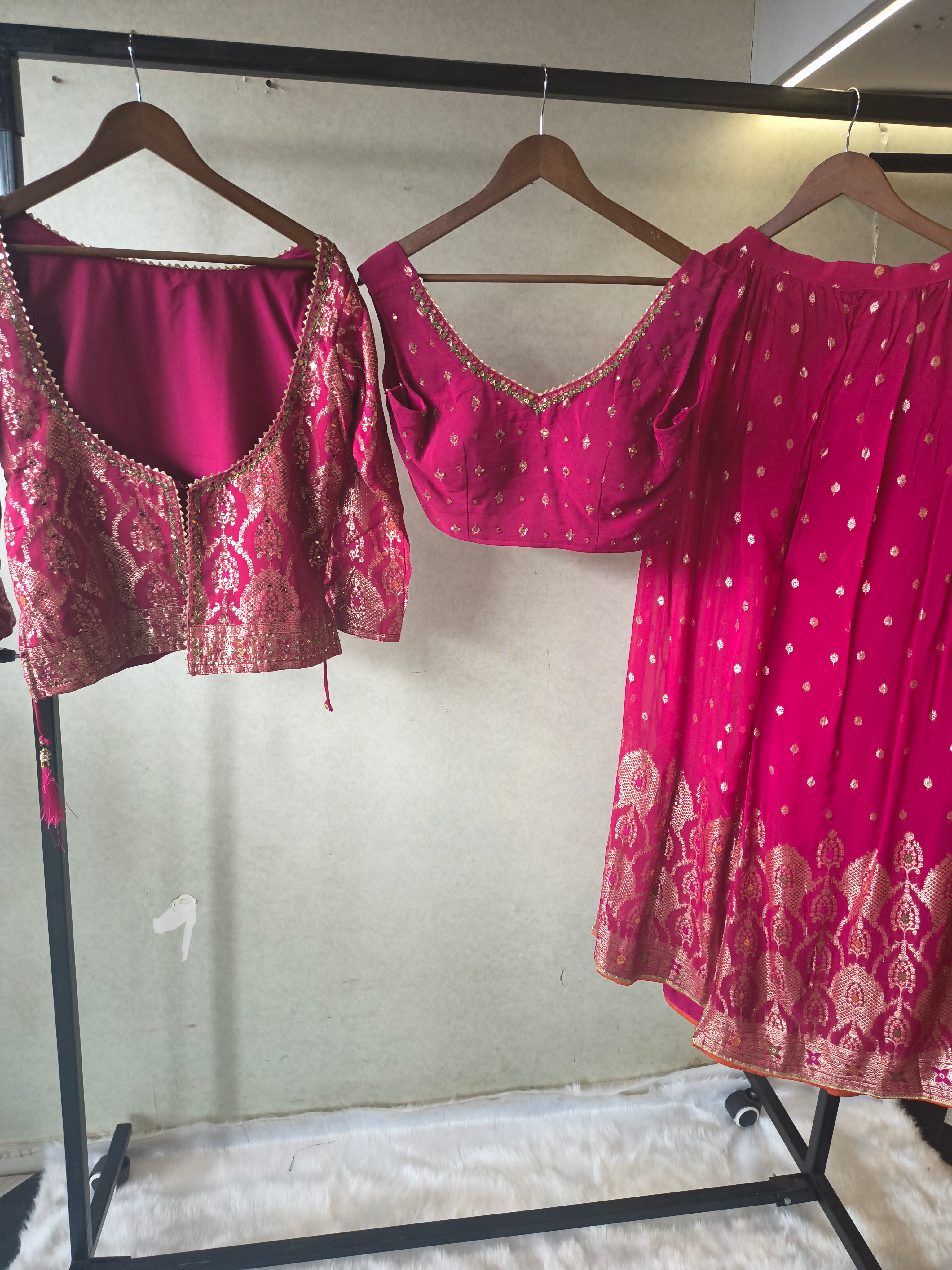 Image of Rani Pink Banarasi Lehenga Set with Dual Designer Blouses – Woven Festive Wedding Ensemble
