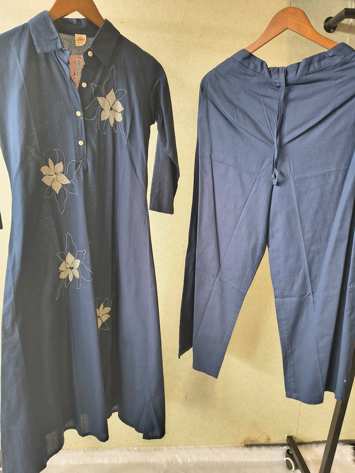Tadko Premium Navy Blue A-Line Kurta Set with Floral Appliqué Embroidery & Straight Pants