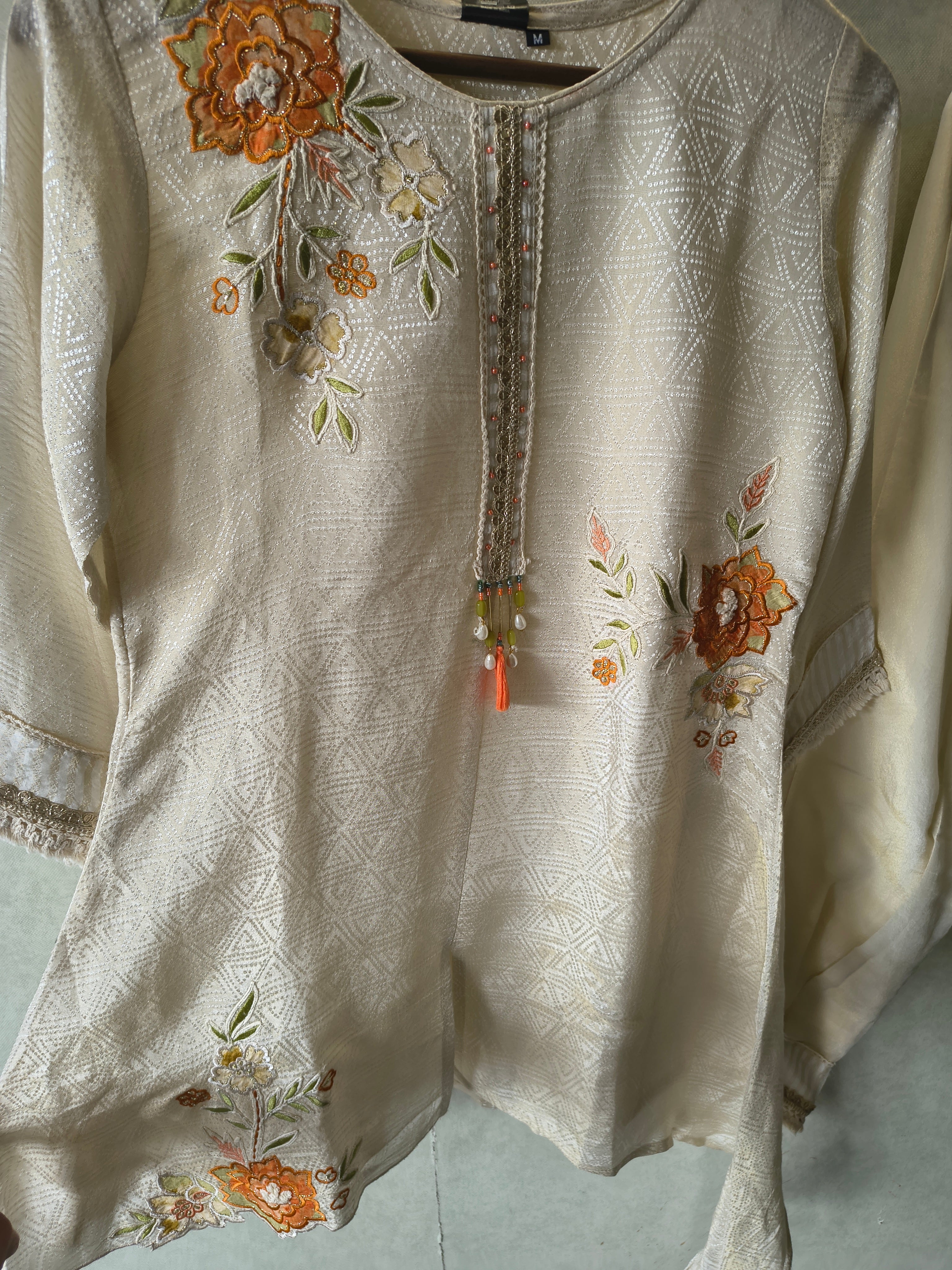 Image of Ivory Floral Embroidered Premium Asymmetrical Kurta Pant Co-Ord Set