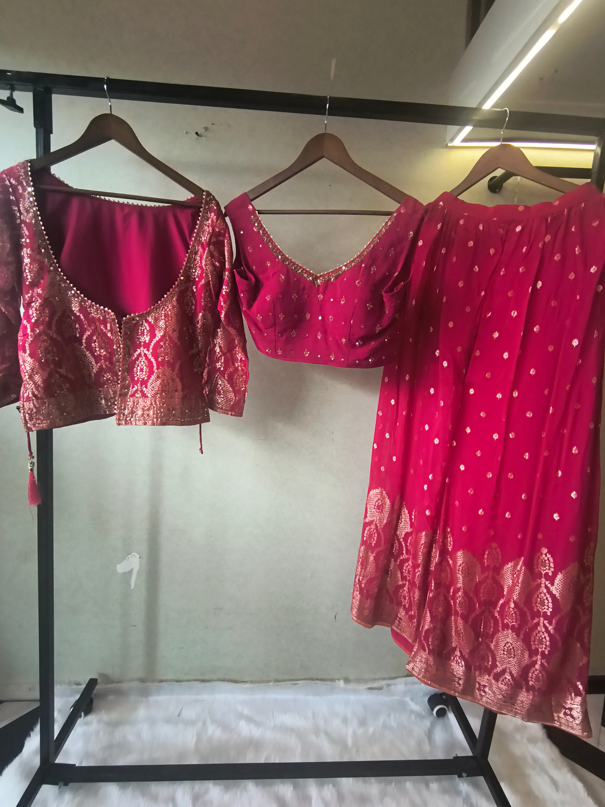 Rani Pink Banarasi Lehenga Set with Dual Designer Blouses – Woven Festive Wedding Ensemble