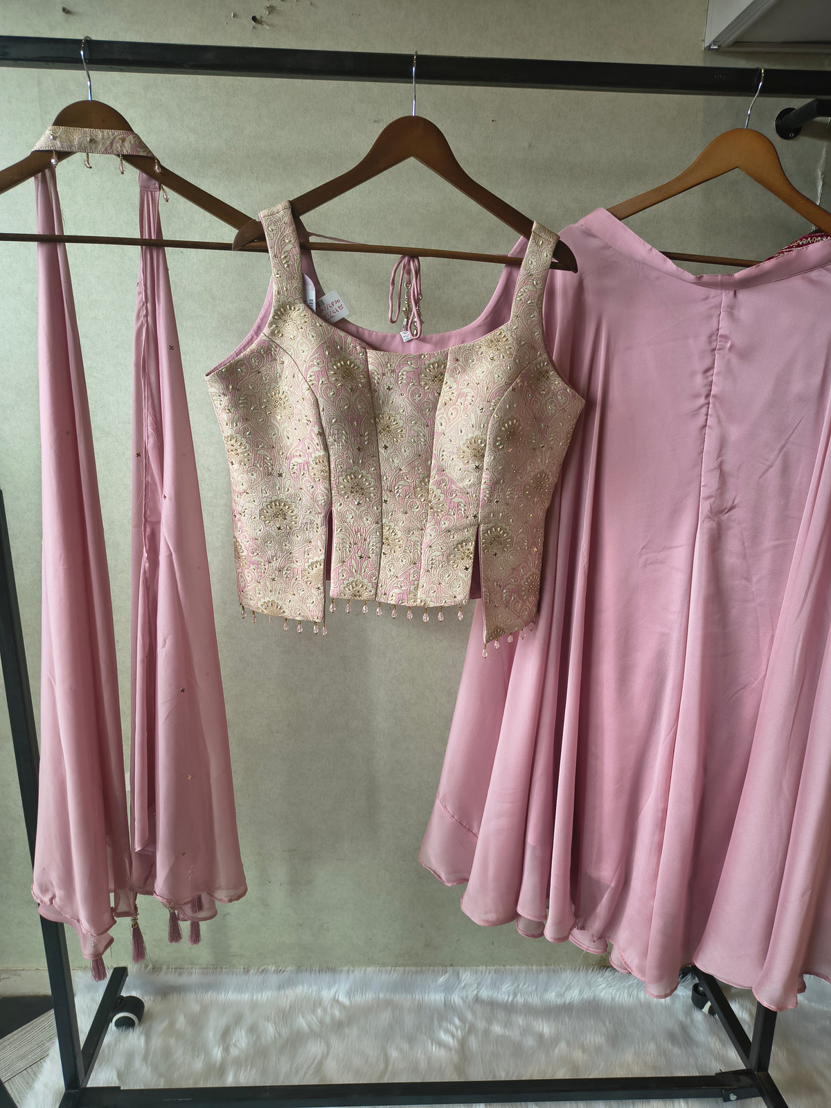 Premium Blush Pink 3-Piece Designer Lehenga Set with Brocade Embroidered Blouse & Tassel Dupatta