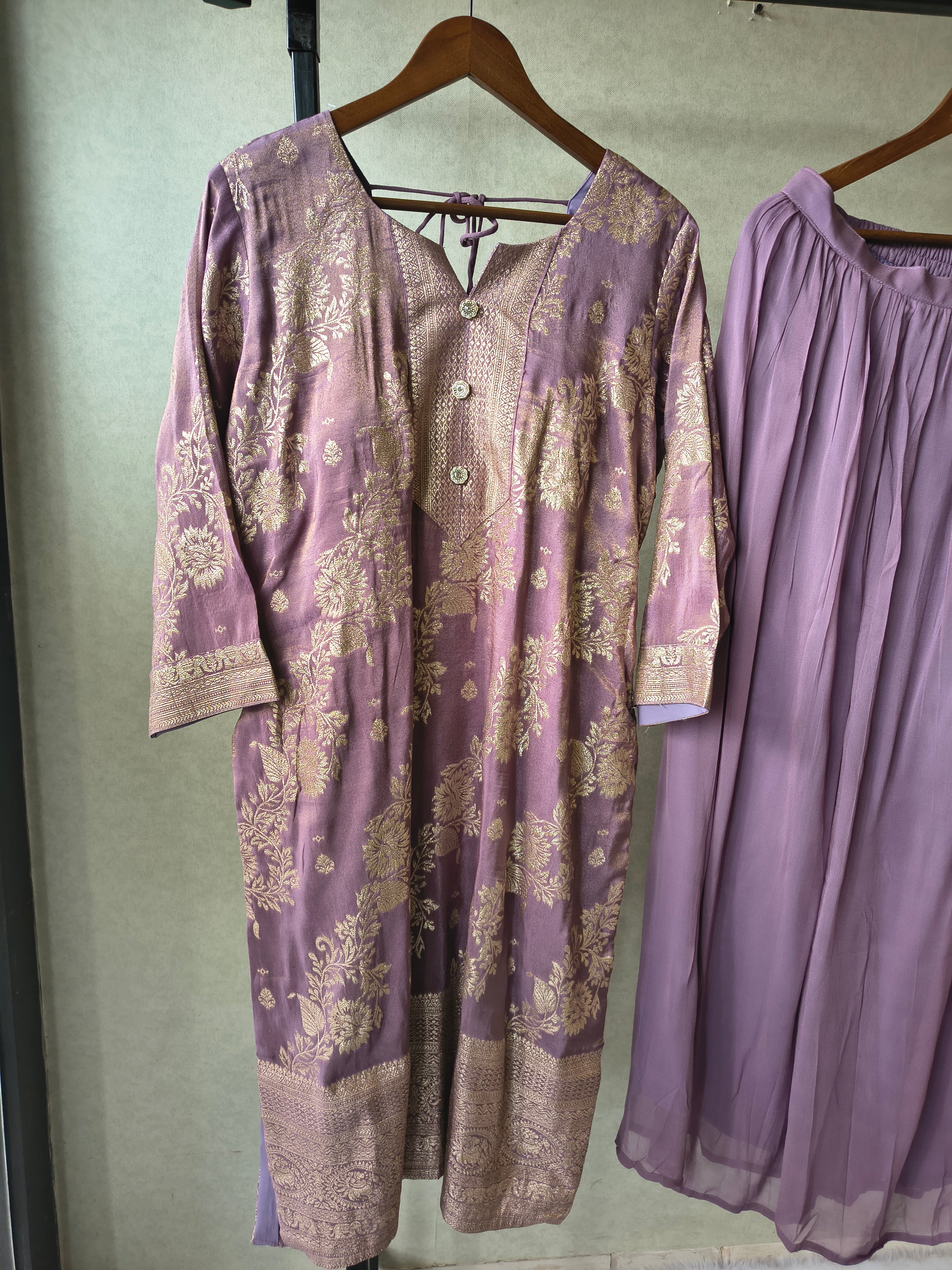 Image of Premium Lavender Jacquard Straight Kurta with Georgette Sharara & Dupatta Set