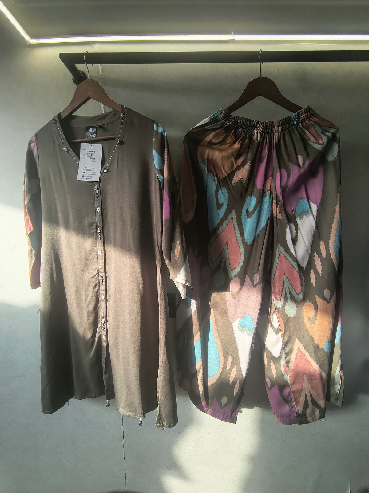 Olive Green Designer Co-Ord Set with Abstract Printed Pants & Embellished Neckline