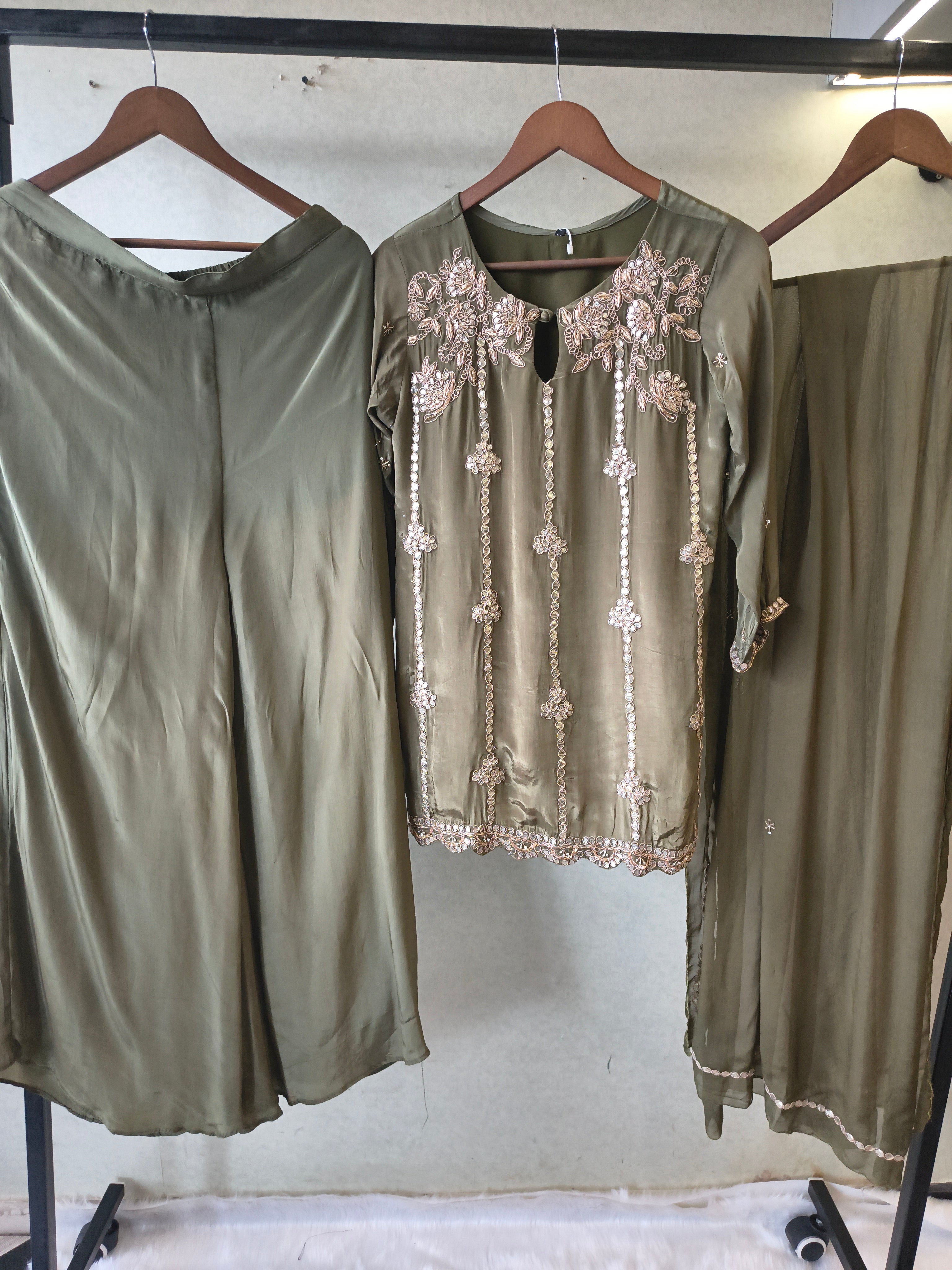 Image of Olive Green Pearl & Mirror Embroidered Kurta Set with Flared Palazzo & Organza Dupatta – Designer 3 Piece Festive Ensemble